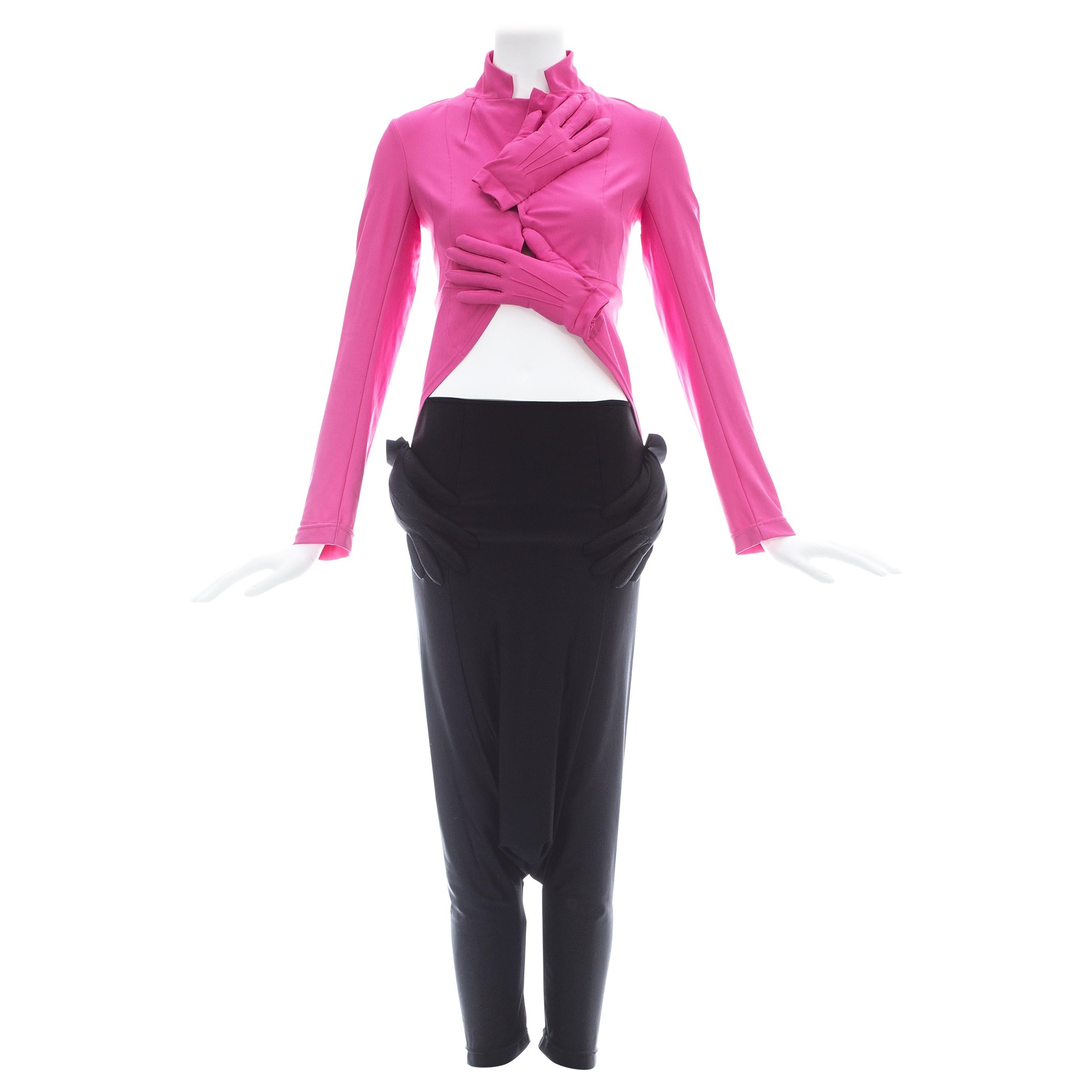 Comme des Garcons hot pink and black lycra jacket and harem pants set, fw 2007