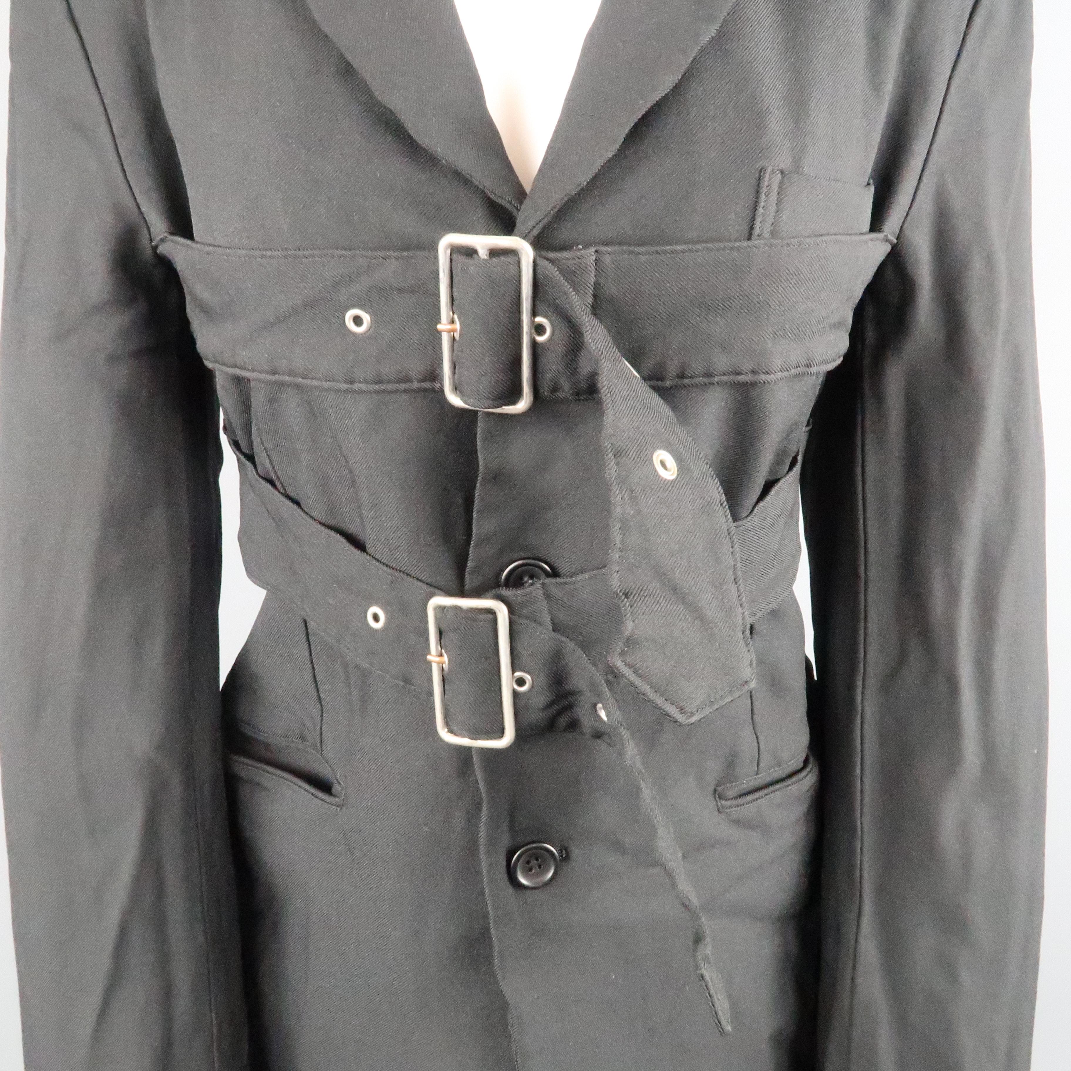 COMME des GARCONS L Black Wrinkle Polyester Belted Chest Jacket In Excellent Condition In San Francisco, CA