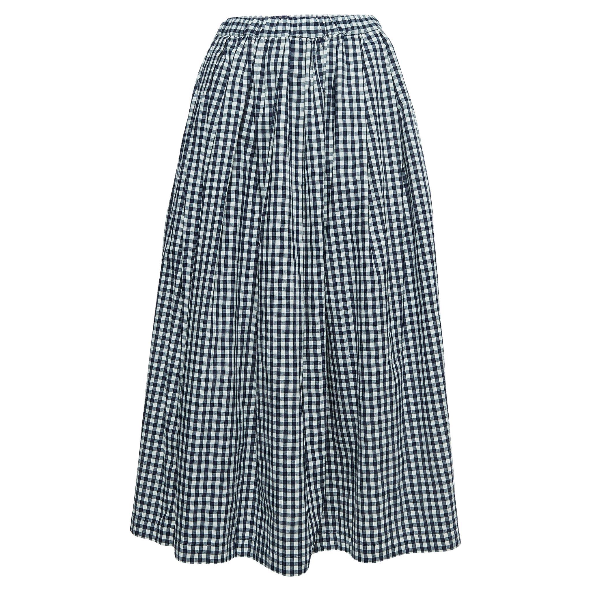 Comme des Garcons Navy Blue Checked Cotton Drawstring Midi Skirt M For Sale