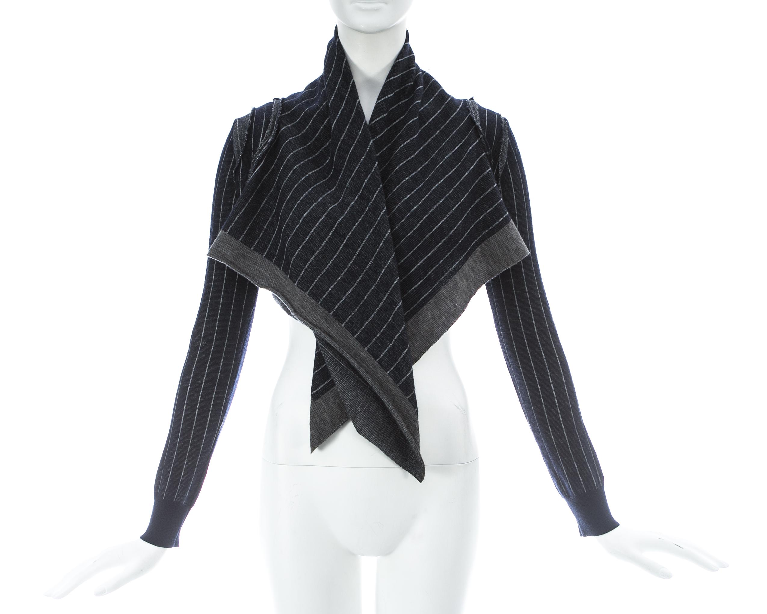 Comme des Garcons navy blue wool striped knitted wrap cardigan, fw 2003 1