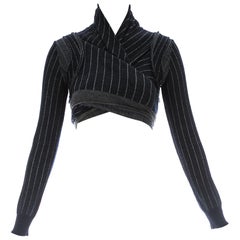 Comme des Garcons navy blue wool striped knitted wrap cardigan, fw 2003