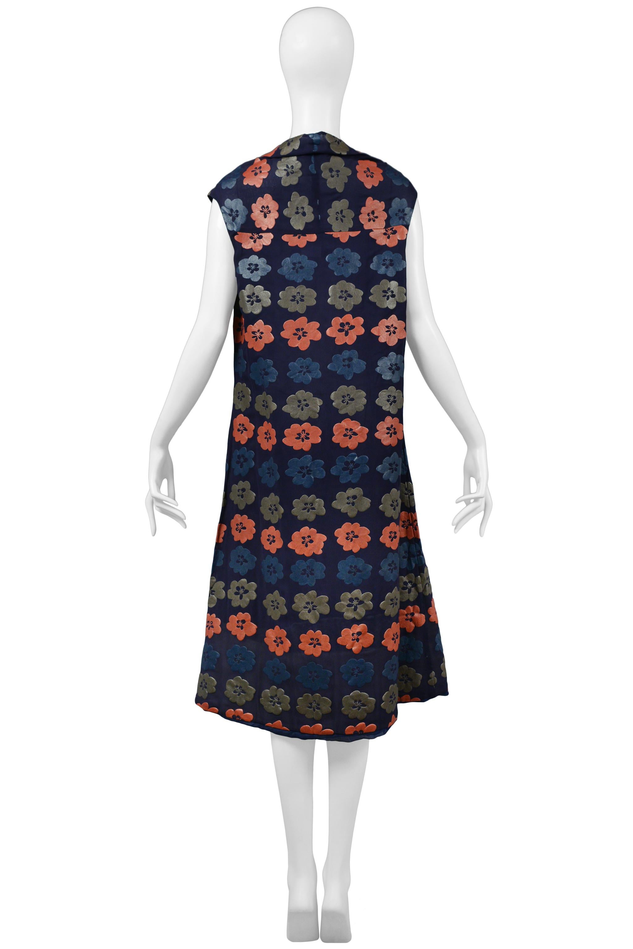 Gray Comme Des Garcons Navy Dress With Grey Blue & Coral Flower Print 1996