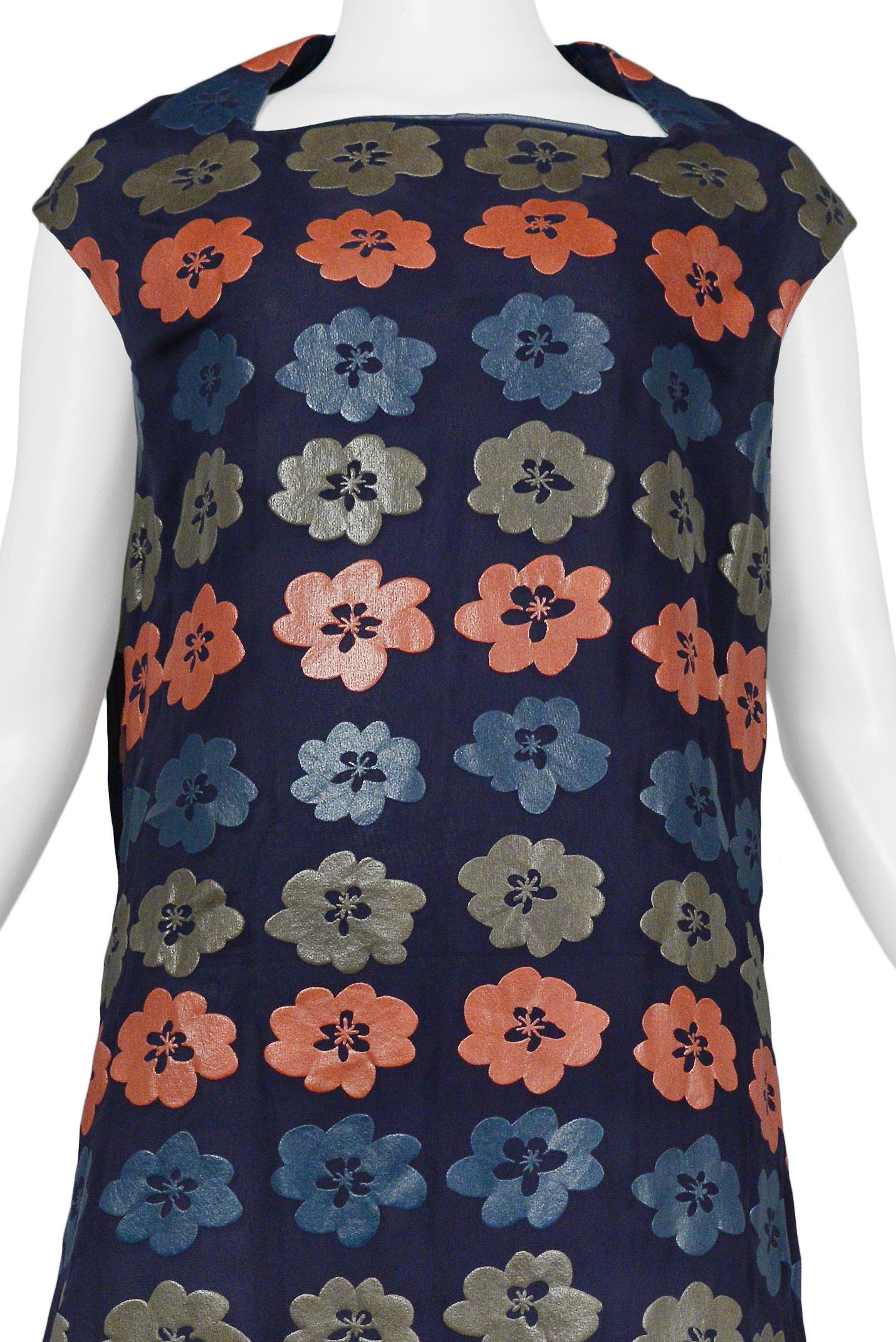Comme Des Garcons Navy Dress With Grey Blue & Coral Flower Print 1996 In Excellent Condition In Los Angeles, CA