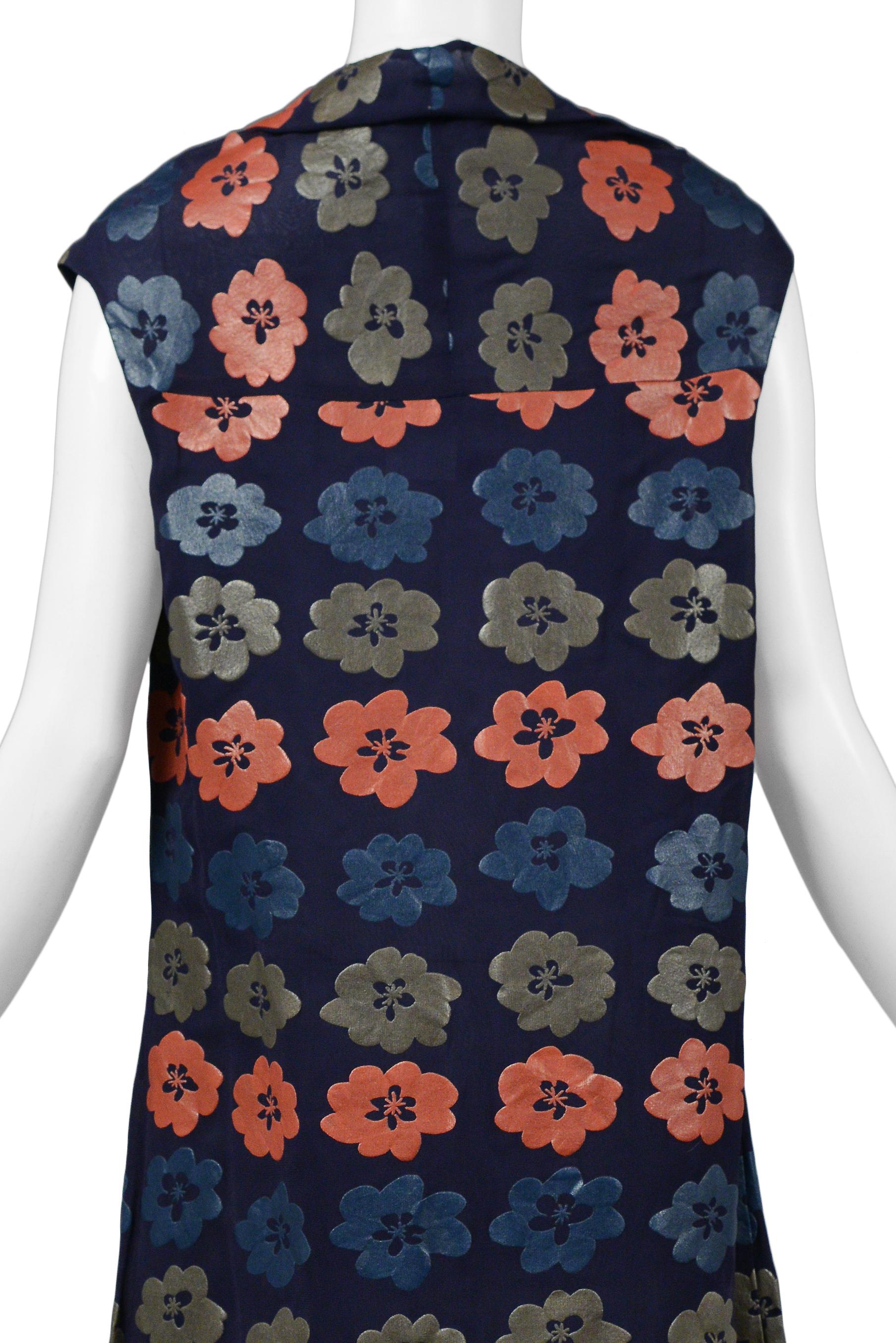 Women's Comme Des Garcons Navy Dress With Grey Blue & Coral Flower Print 1996