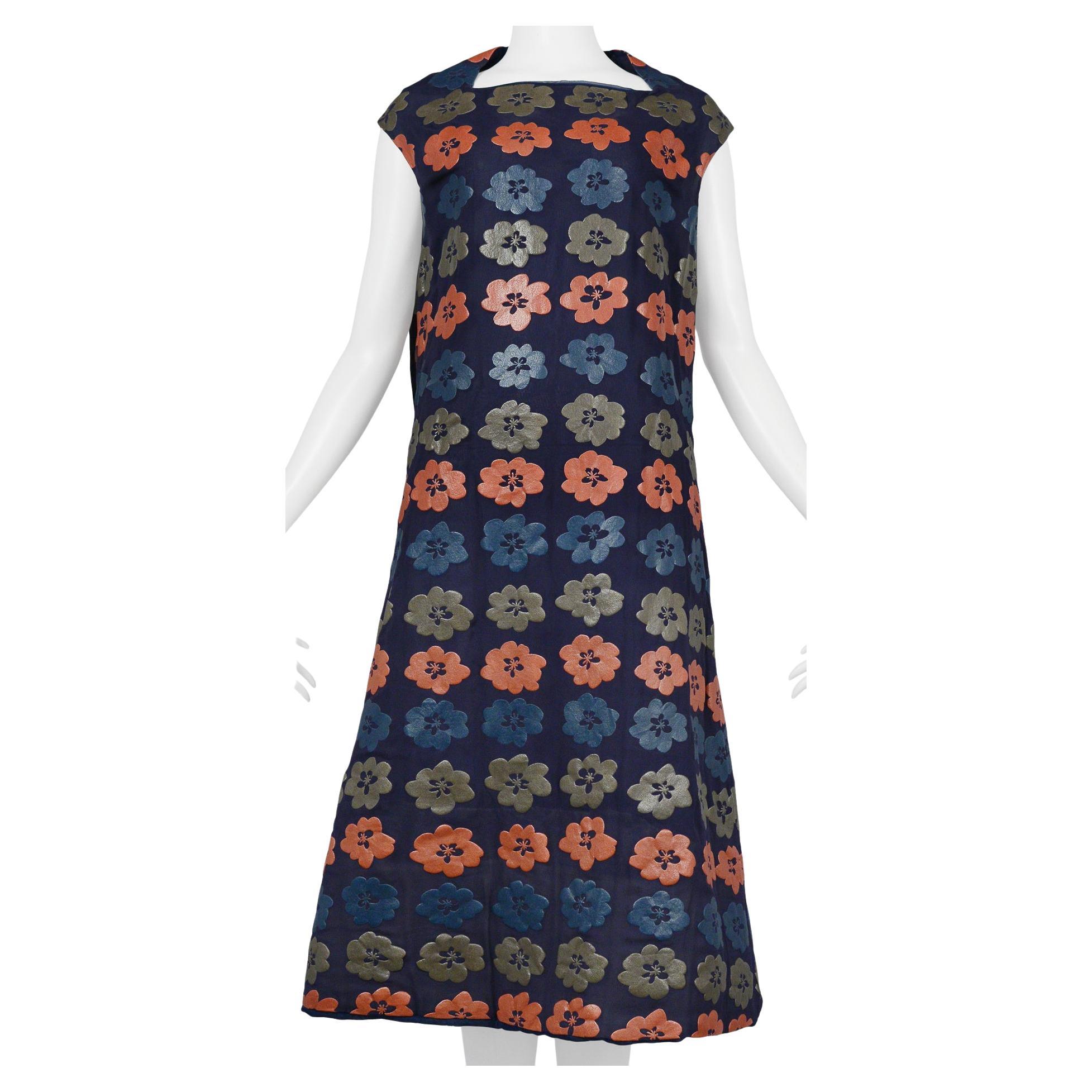 Comme Des Garcons Navy Dress With Grey Blue & Coral Flower Print 1996