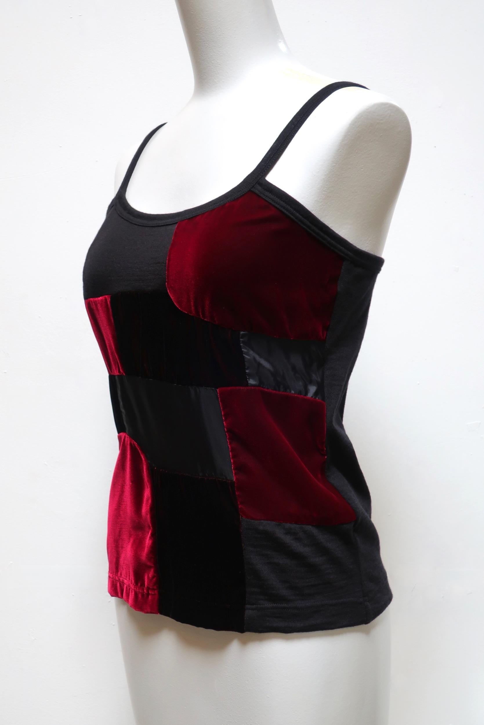Velvety stretch tank is a patchwork of wool and rayon in a rich red and black from Comme Des Garçons. 