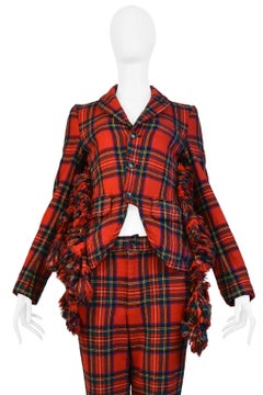 Comme Des Garcons Red Ruffle Tartan Jacket And Pants Suit Ensemble