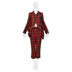 Comme Des Garcons Red Ruffle Tartan Jacket And Pants Suit Ensemble