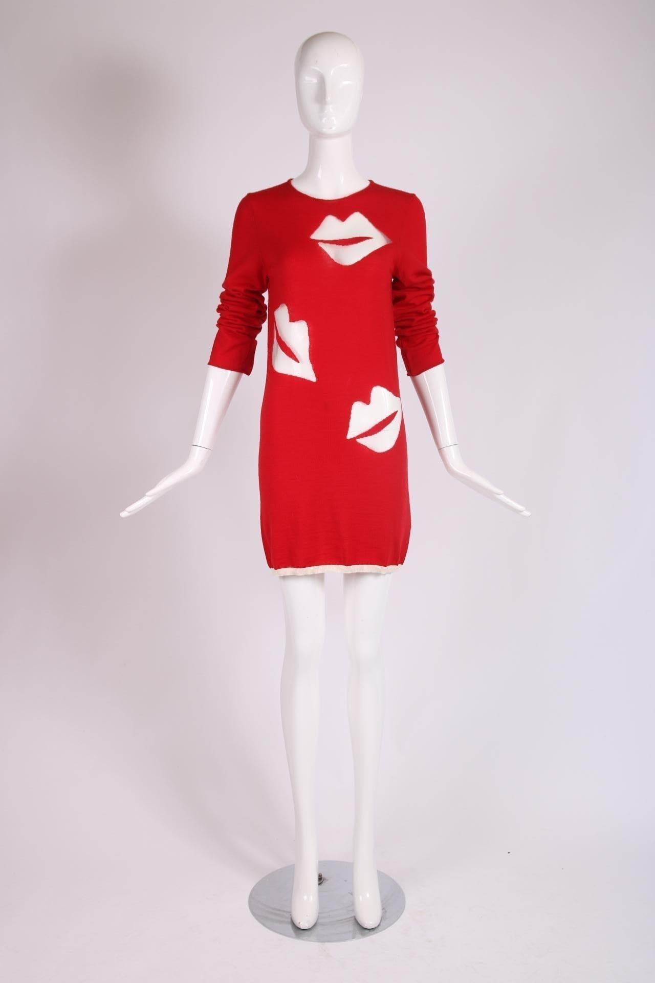 Comme des Garcons Pulloverkleid aus roter Wolle mit transparentem Lippenmotiv 2008 (Rot) im Angebot