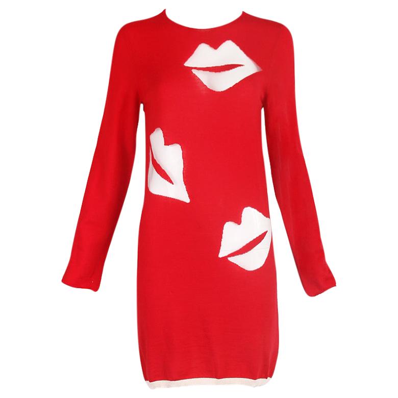 Comme des Garcons Red Wool Sweater Dress w/Transparent Lip Motif 2008