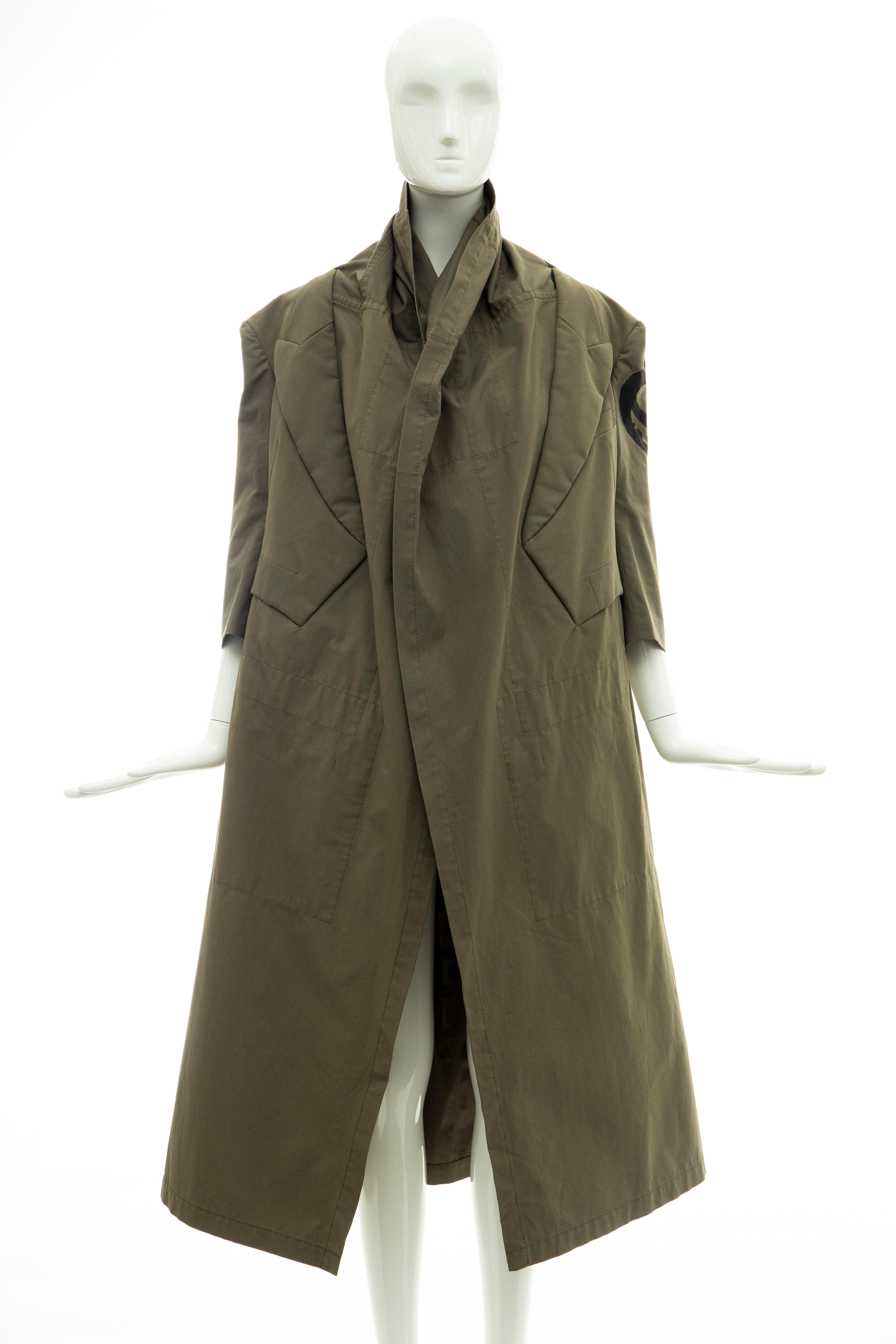 Women's Comme des Garcons Runway Olive Green Black Printed Back Cotton Coat, Fall 2009
