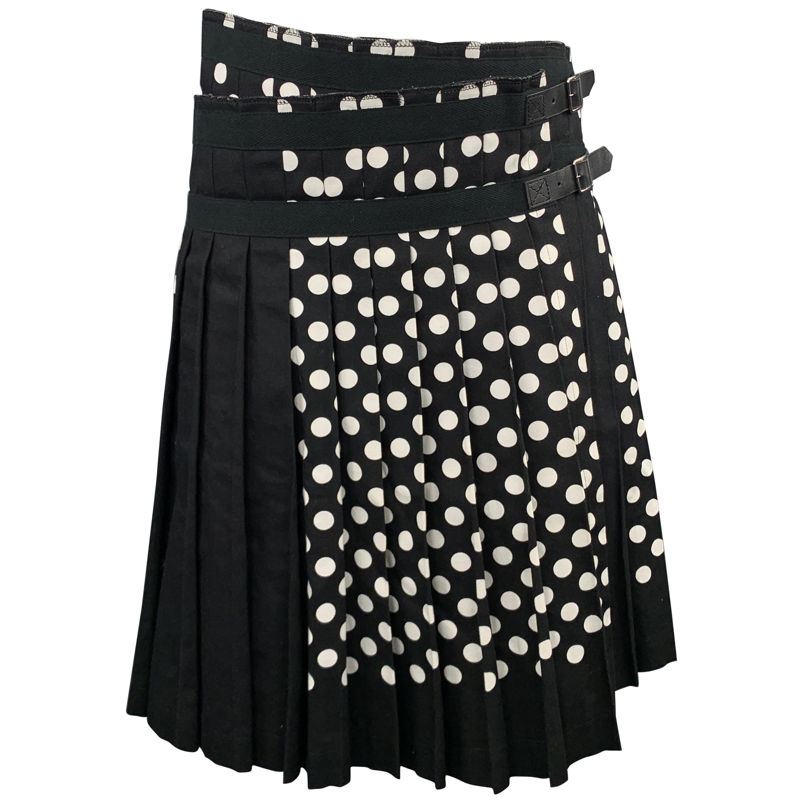 COMME des GARCONS S Black & White Polka Dot Pleated Leather Strap Kilt