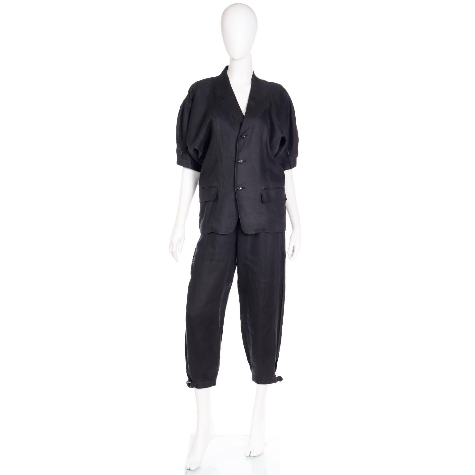 Comme des Garcons S/S 1989 Vintage Black Linen Jacket & Pants Outfit For Sale 5