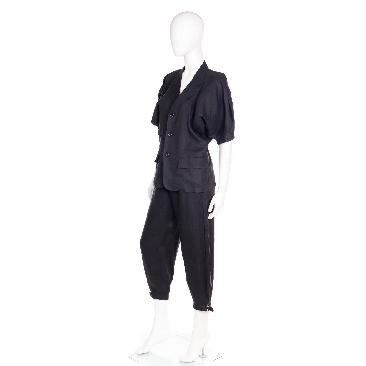 Comme des Garcons S/S 1989 Vintage Black Linen Jacket & Pants Outfit For Sale 6