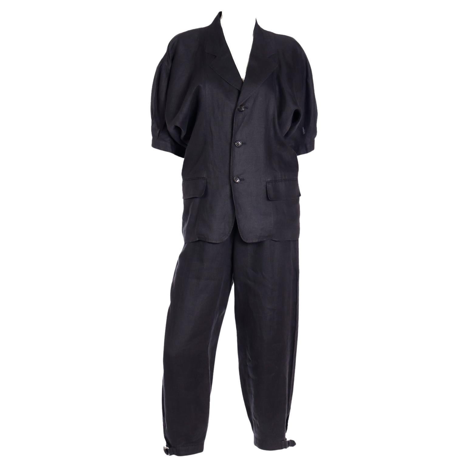 Comme des Garcons S/S 1989 Vintage Black Linen Jacket & Pants Outfit For Sale