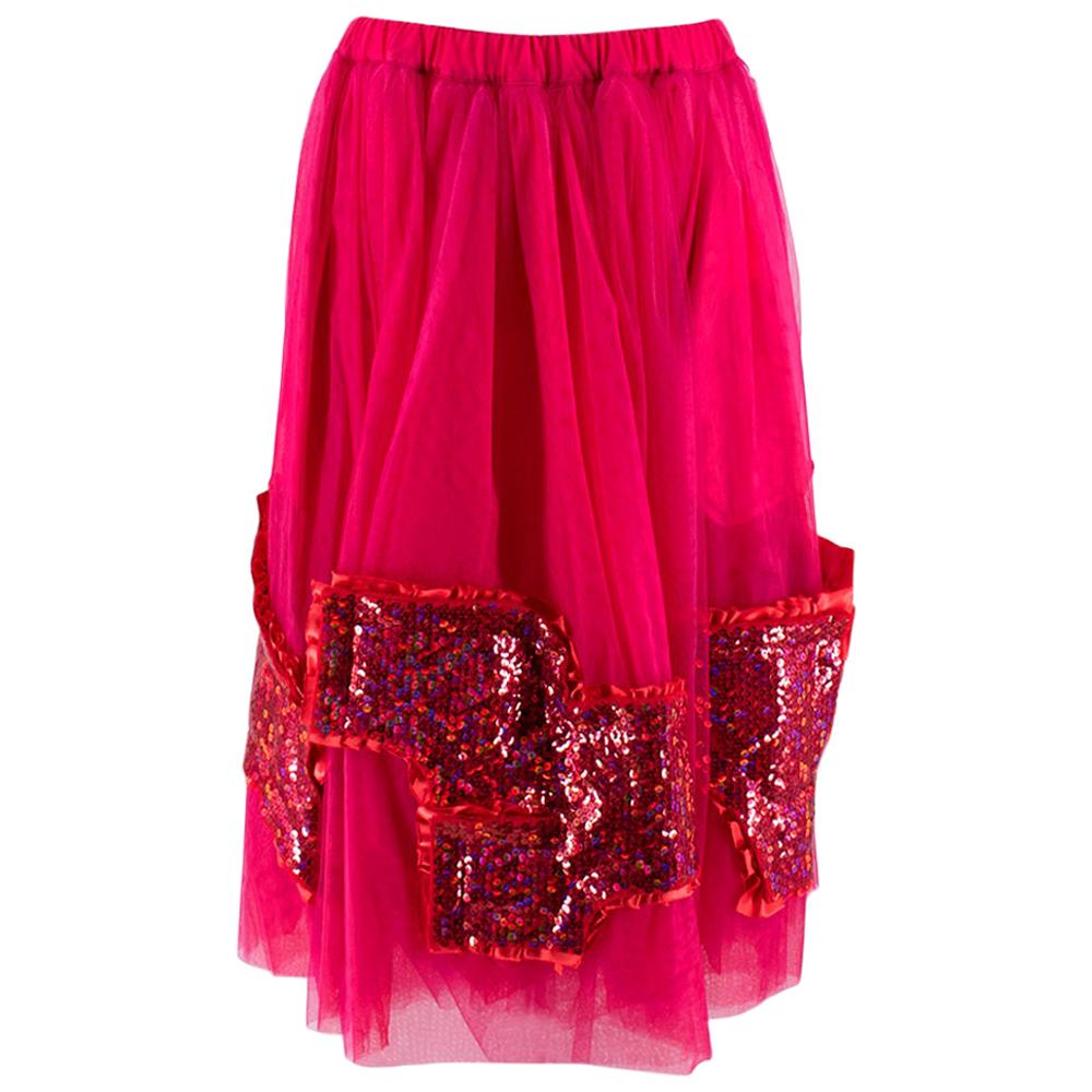 Comme Des Garçons sequinned tulle midi skirt

- Drawstring waistband
- Side slip pockets 
- Pink sequin & red ribbon applique detailing 
- Layered mesh ranging from neon pink, light pink and red 

Materials:
Main fabric:
- 100% Nylon 
Accessory:
-
