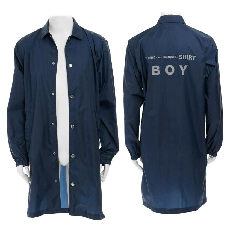 COMME DES GARCONS SHIRT BOY blue logo print water repellent long length coat  L For Sale at 1stDibs
