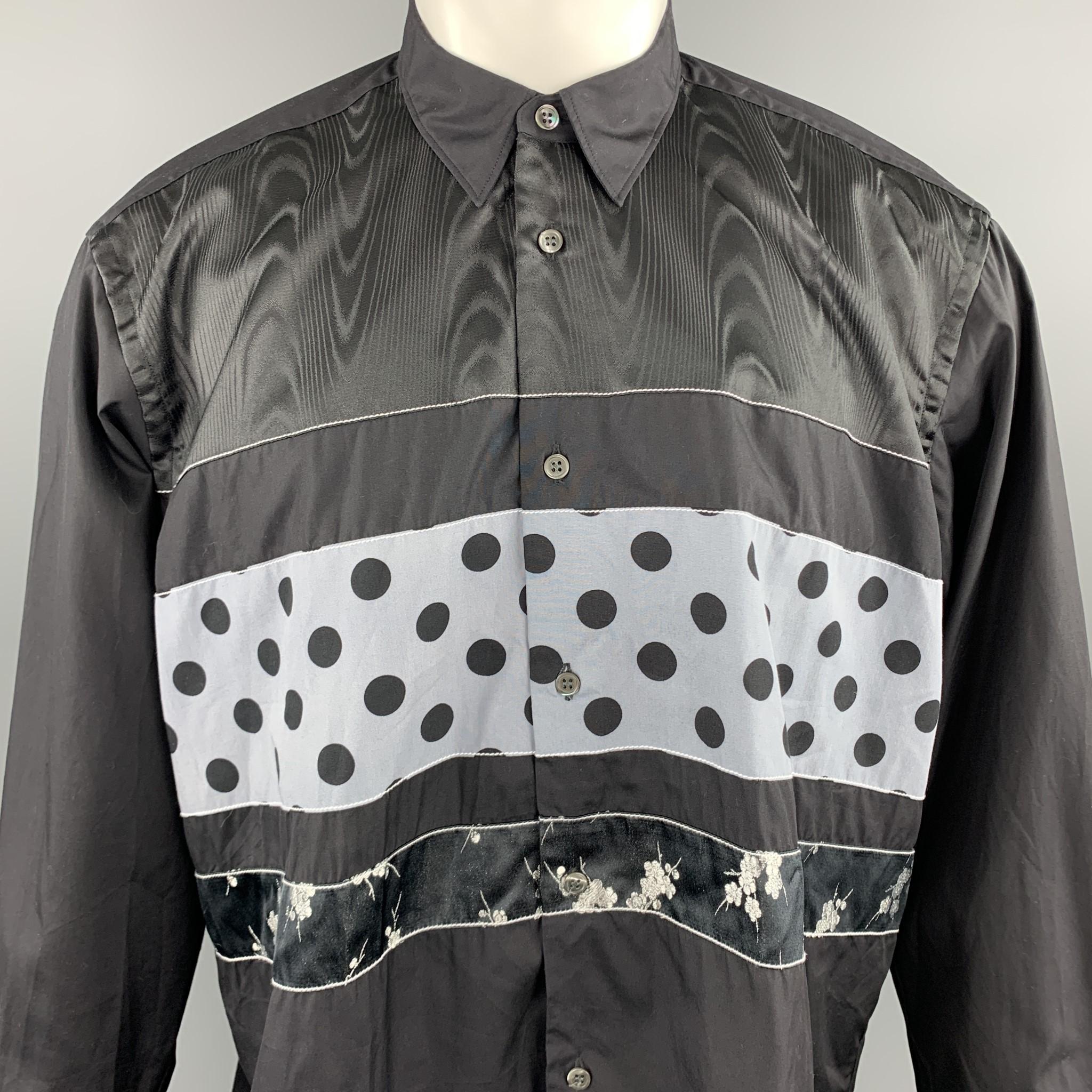 COMME des GARCONS SHIRT dress shirt comes in black cotton with a pointed collar, black moire satin top panel, grey polka dot mid stripe panel, and metallic floral stripe panel.  Made in France.

Excellent Pre-Owned Condition.
Marked: M 