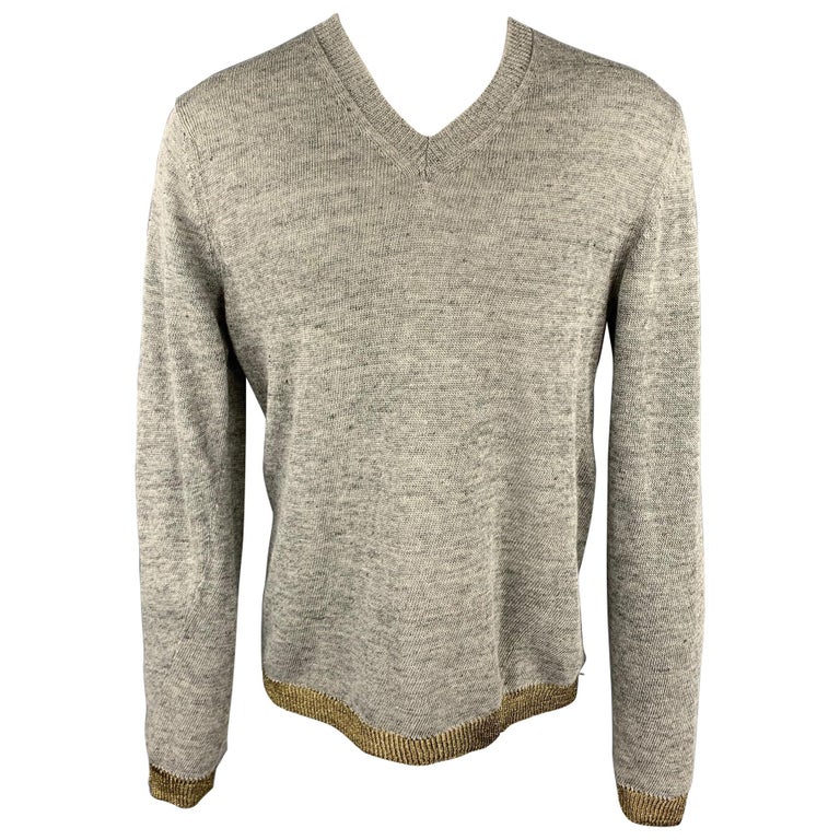 COMME des GARCONS SHIRT Size M Grey and Gold Knitted Linen V-Neck Pullover  For Sale at 1stDibs