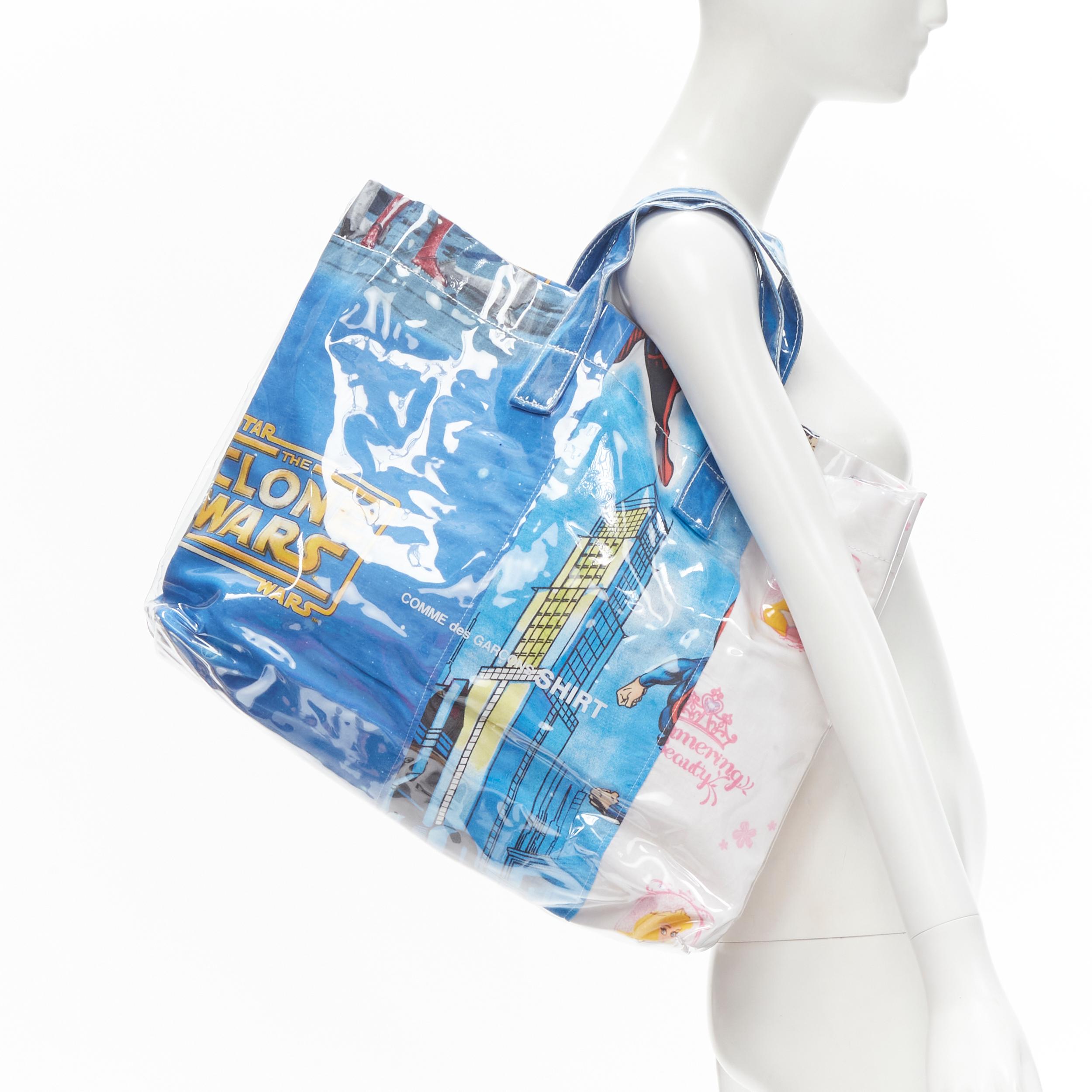 COMME DES GARCONS SHIRT The Clone Wars Barbie patchwork PVC tote bag 
Reference: ANWU/A00010 
Brand: Comme Des Garcons 
Designer: Rei Kawakubo 
Model: PVC tote 
Material: PVC 
Color: Blue 
Pattern: Patchwork 
Extra Detail: Clear PVC coated cotton