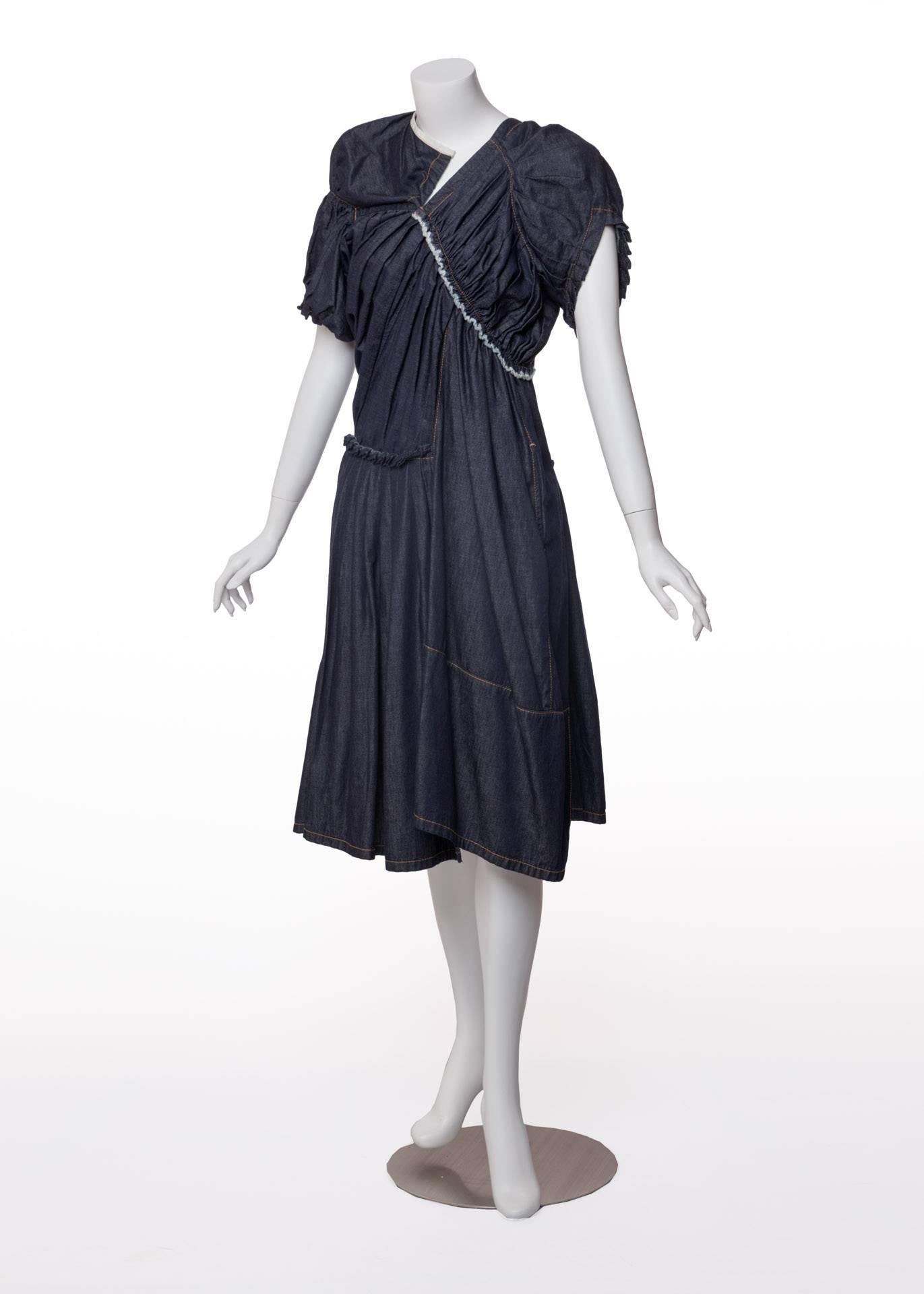Black   Comme des Garcons  Short Sleeve Sculpted Pleats  Denim Dress For Sale