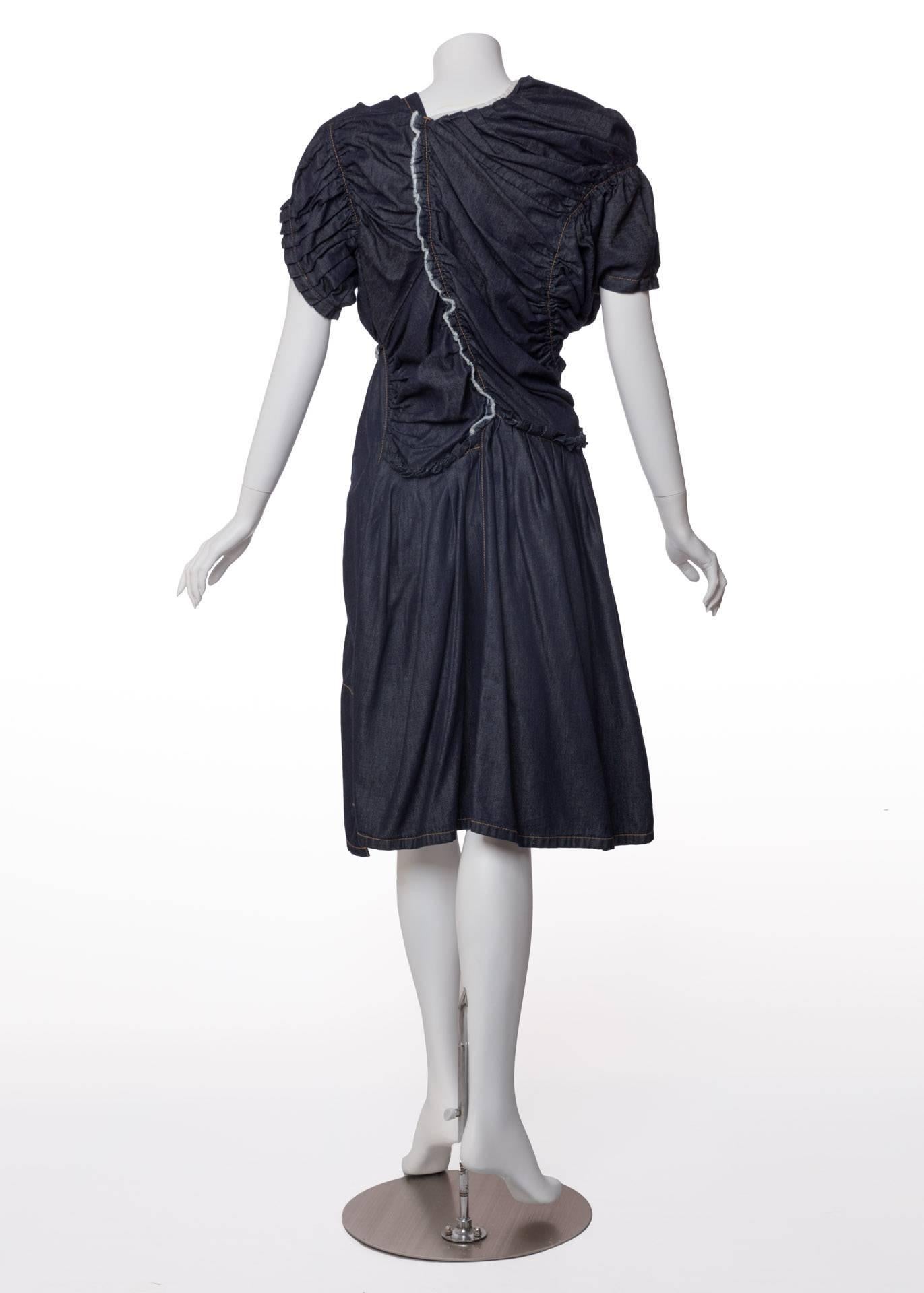 Women's   Comme des Garcons  Short Sleeve Sculpted Pleats  Denim Dress For Sale