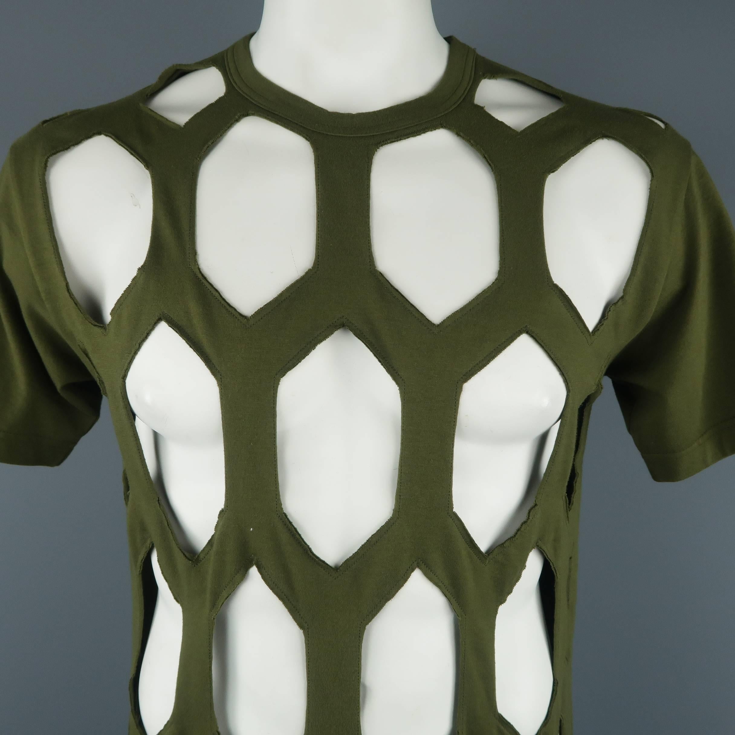 COMME Des GARCONS HOMME PLUS T shirt comes in olive green cotton jersey with diamond patter mesh cutouts. Made in Japan.
 
New with Tags.
Marked: L (AD2014)
 
Measurements:
 
Shoulder: 19 in.
Chest: 44 in.
Sleeve: 8.5 in.
Length: 31 in.
SKU: 87898