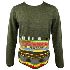 COMME des GARCONS Size L Olive & Multi-color Knitted Wool Blend Cut Out Pullover