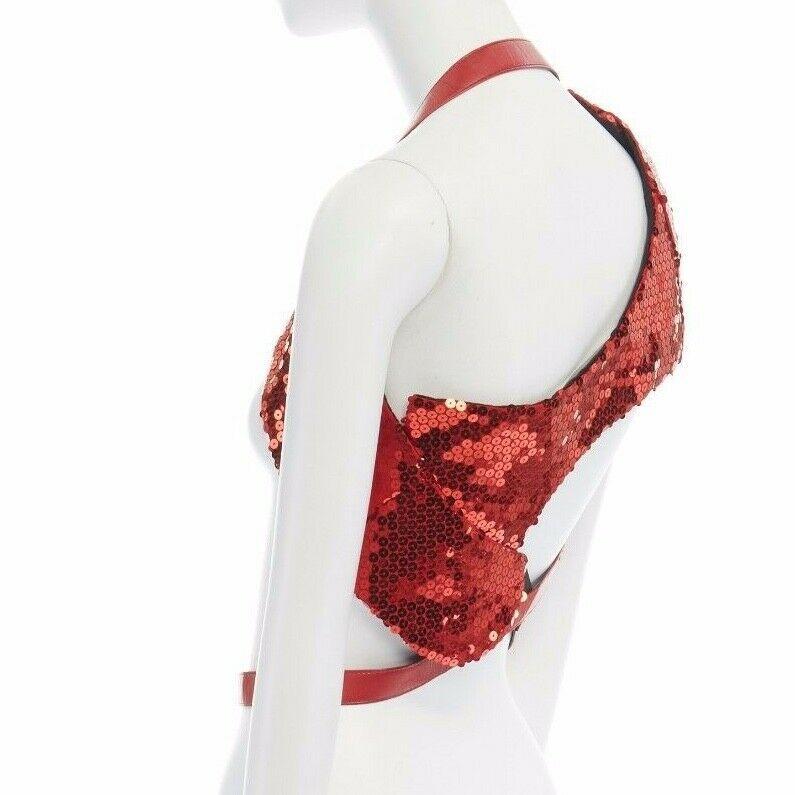 COMME DES GARCONS SS2010 red sequins faux leather dual wrap harness vest top XS In Good Condition In Hong Kong, NT