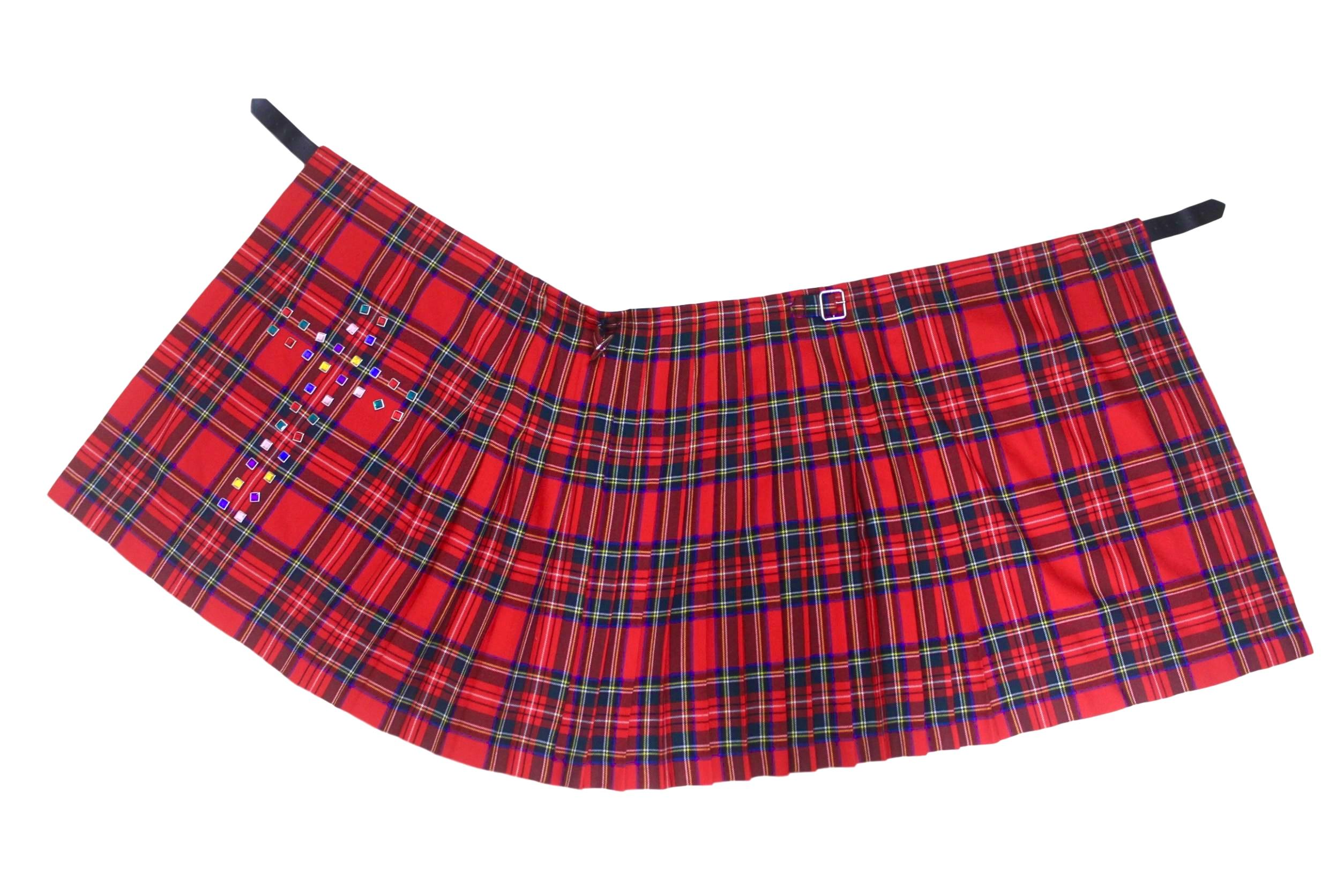 Red Comme des Garcons Tartan Kilt with Jewel Cross AD2000
