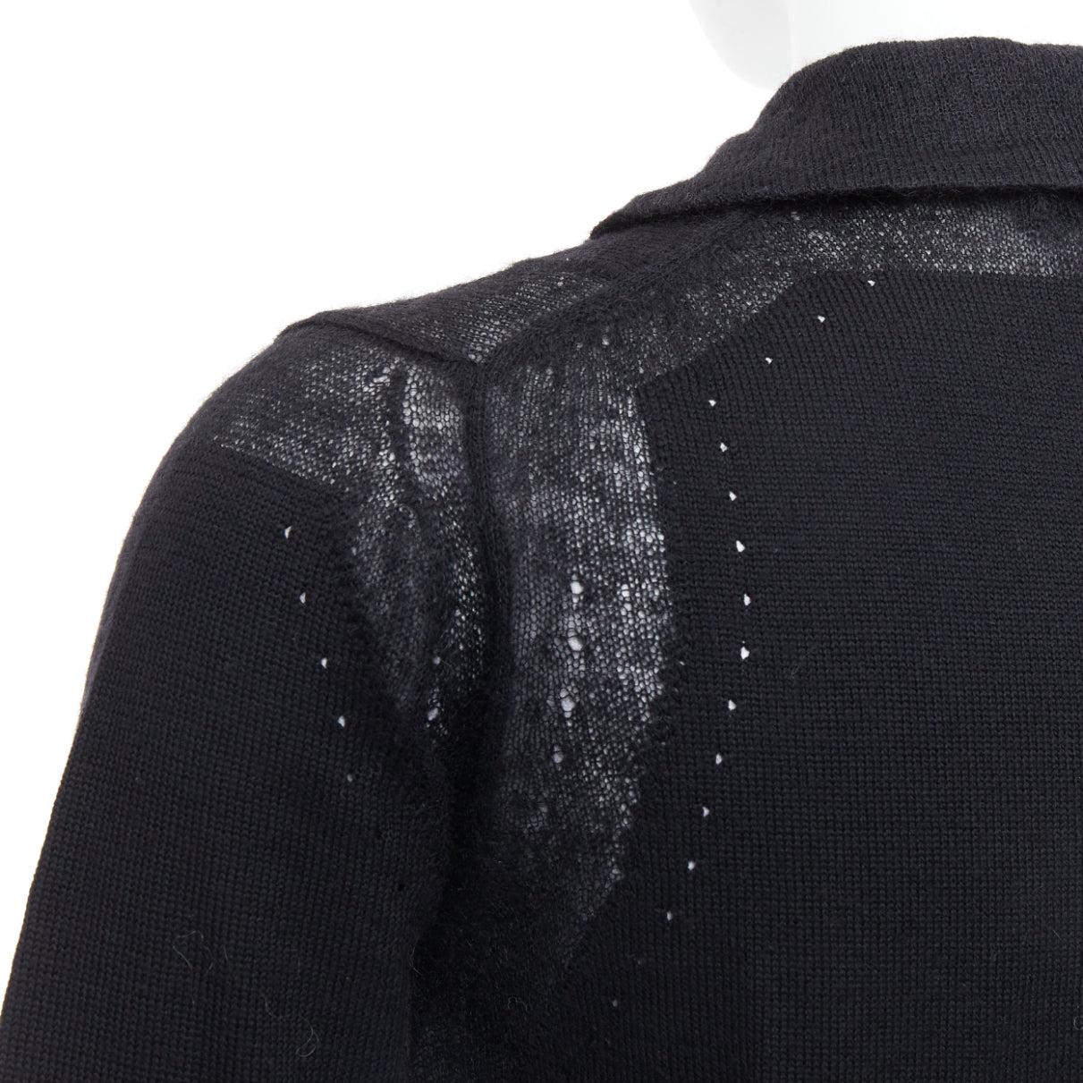 COMME DES GARCONS Tricot black peterpan collar sheer panels cardigan
Reference: AEHI/A00004
Brand: Comme Des Garcons
Designer: Rei Kawakubo
Collection: Tricot
Material: Feels like wool
Color: Black
Pattern: Solid
Closure: Button
Extra Details: Sheer
