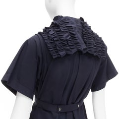COMME DES GARCONS Tricot navy ruffle collar trench detail belted coat dress S