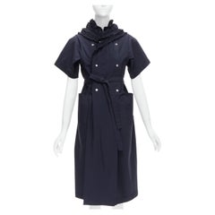 COMME DES GARCONS Tricot navy ruffle collar trench detail belted coat dress S