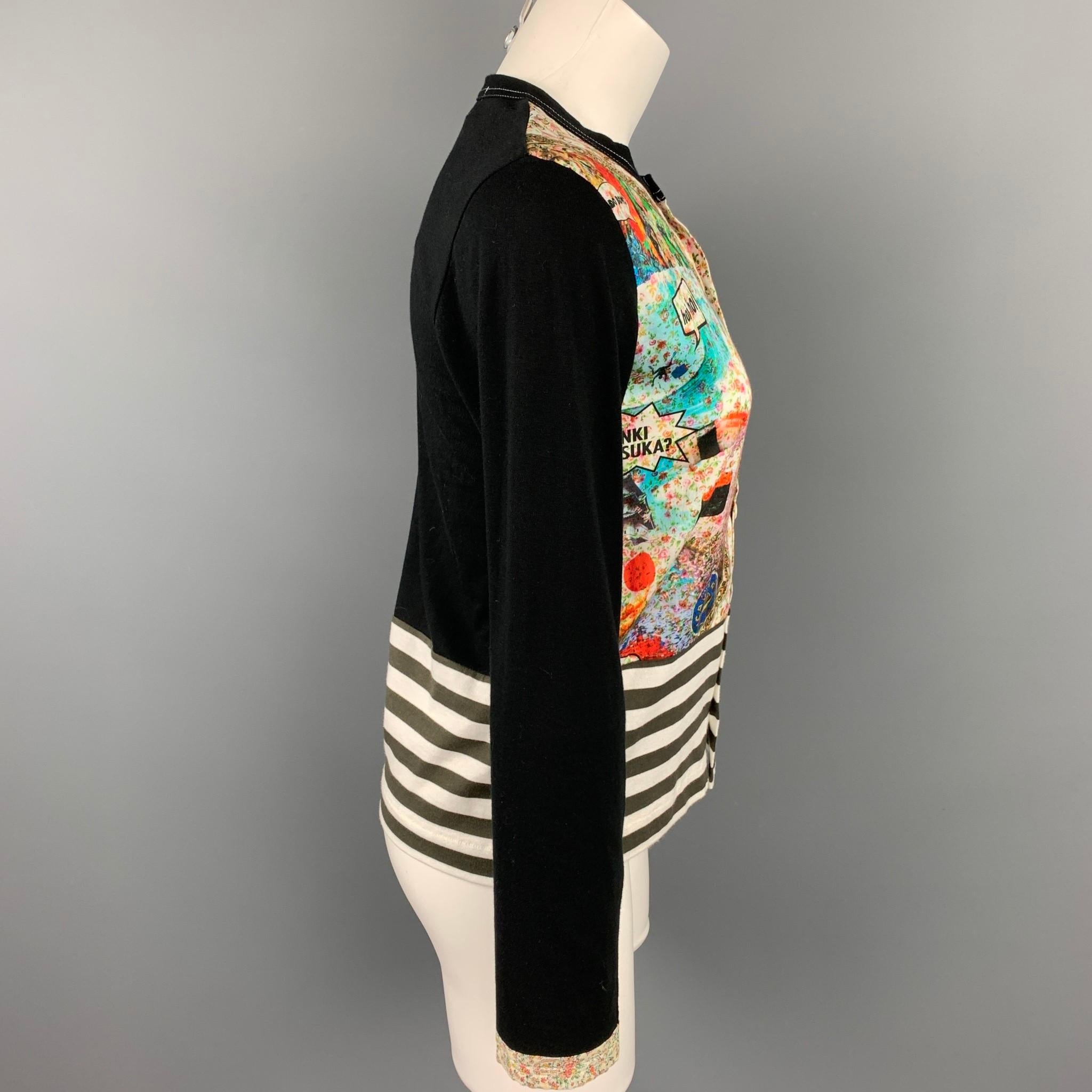 COMME des GARCONS TRICOT sweater comes in a black cotton with a multi-color patchwork design featuring a buttoned closure. Made in Japan.

Very Good Pre-Owned Condition.
Marked: S / AD2015

Measurements:

Shoulder: 14.5 in.
Bust: 35 in.
Sleeve: 23.5