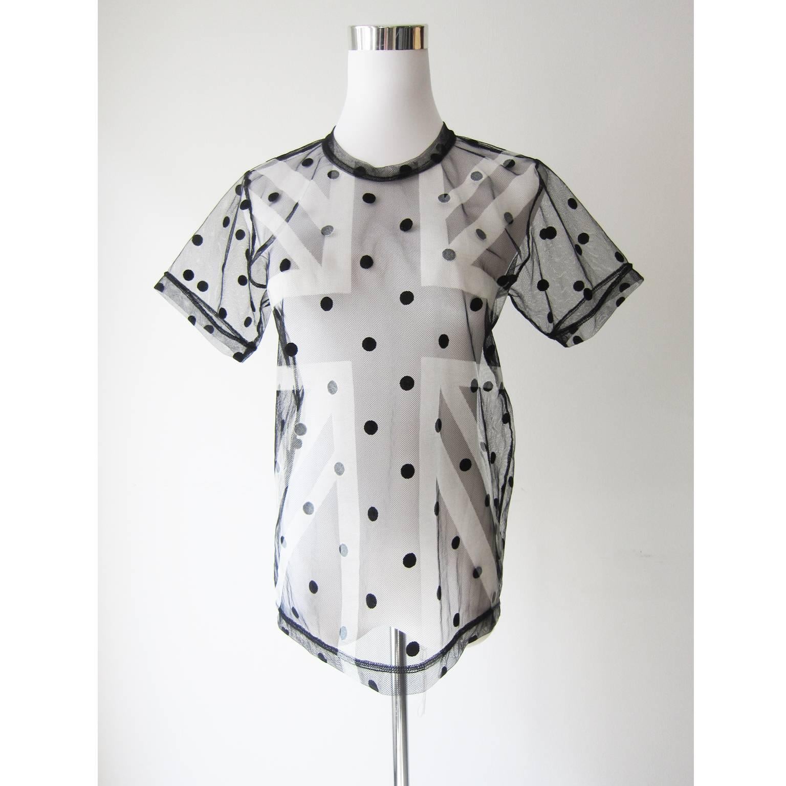 Comme des Garcons spaghetti polka dots tulle T shirt featuring union jack printed from AD 2005. 
Size : M