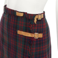 COMME DES GARCONS Vintage 1970's Punk red plaid leather buckles punk kilt skirt
