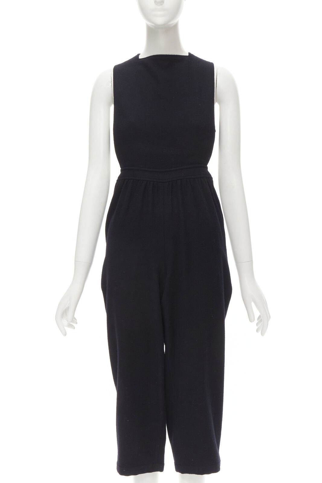 COMME DES GARCONS Vintage 1980's black wool cross back cropped jumpsuit S For Sale