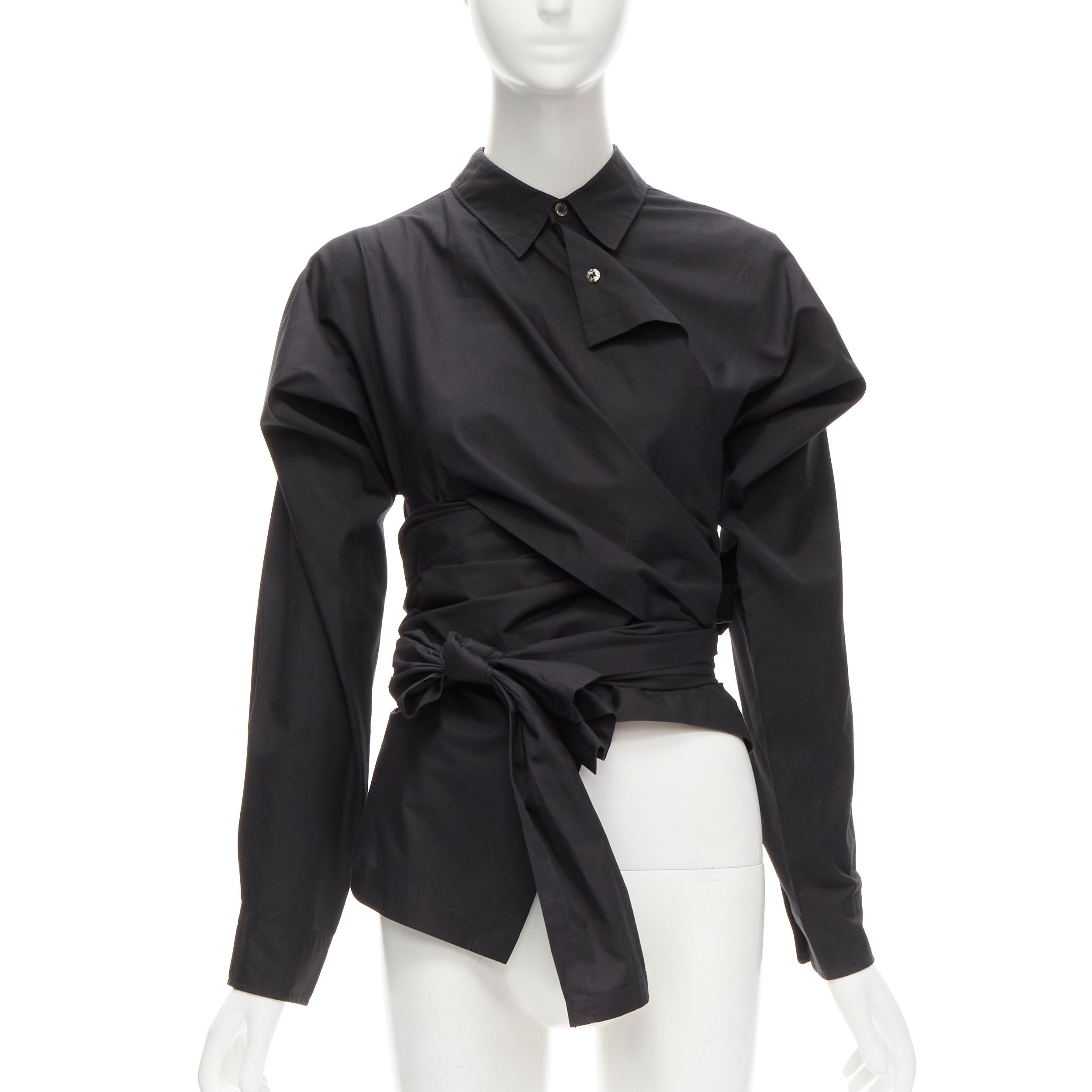 Black COMME DES GARCONS Vintage 1980's deconstructed wrap bias placket cutout shirt M For Sale