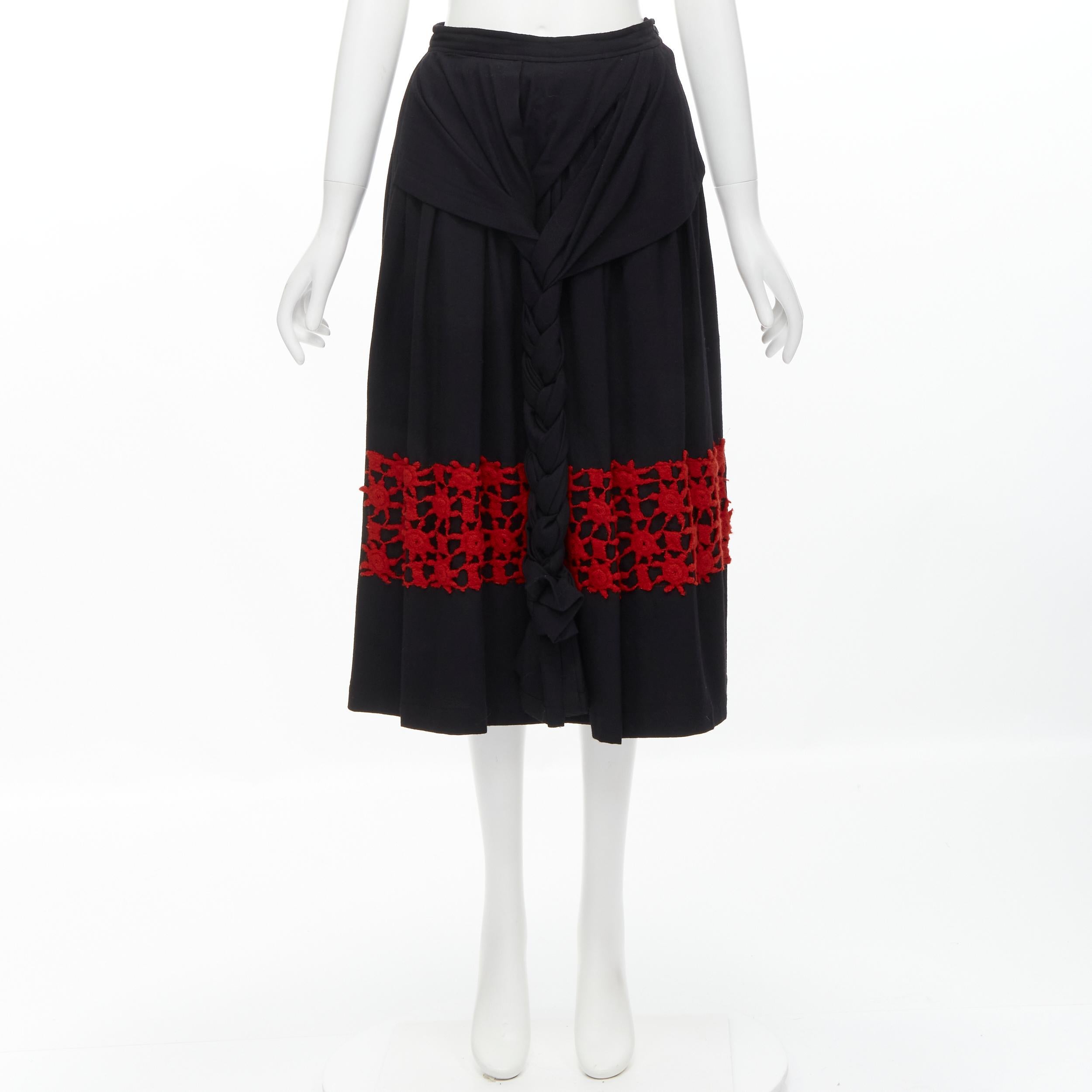 COMME DES GARCONS Vintage 1988 black wool braid red lattice embroidery skirt M For Sale 5