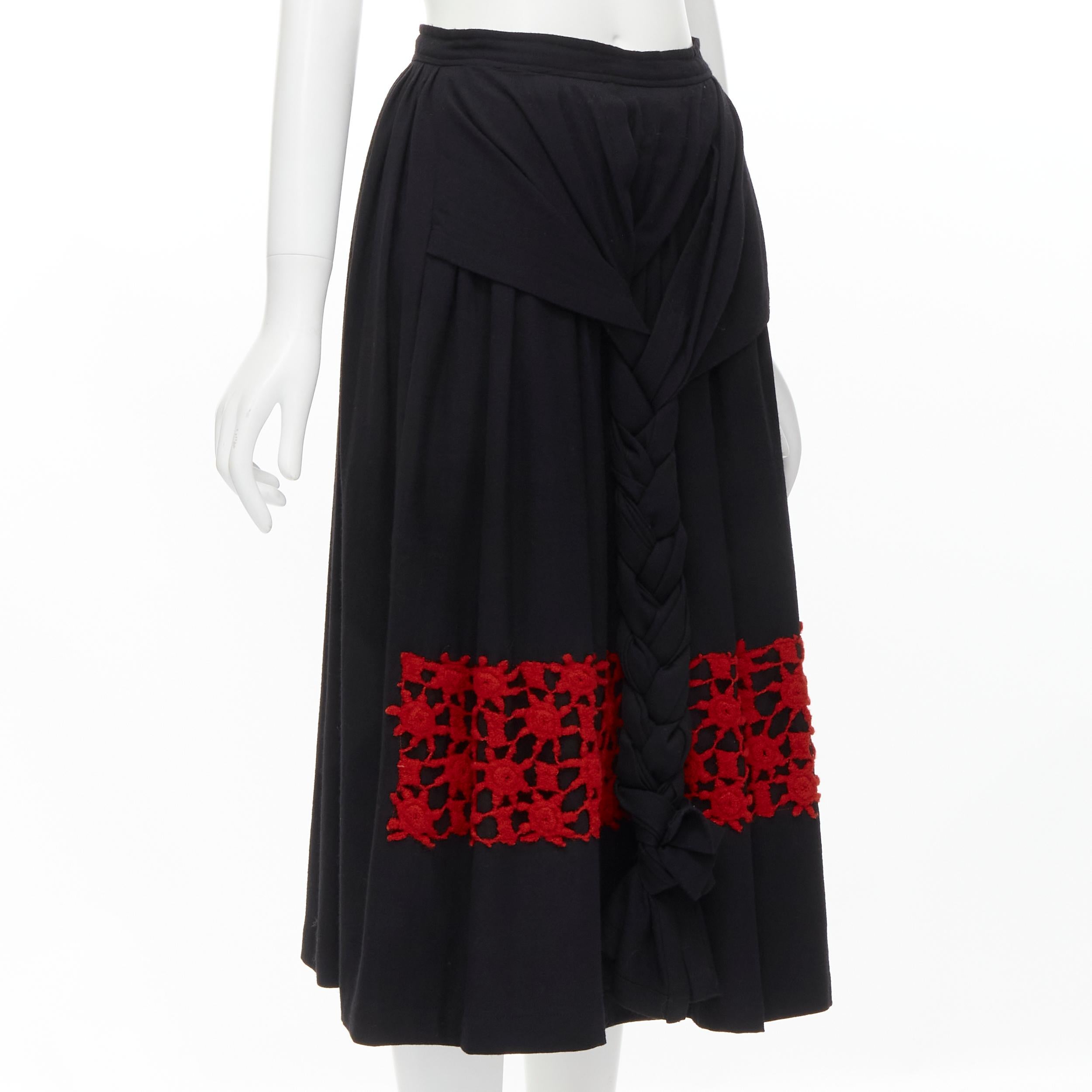 Black COMME DES GARCONS Vintage 1988 black wool braid red lattice embroidery skirt M For Sale