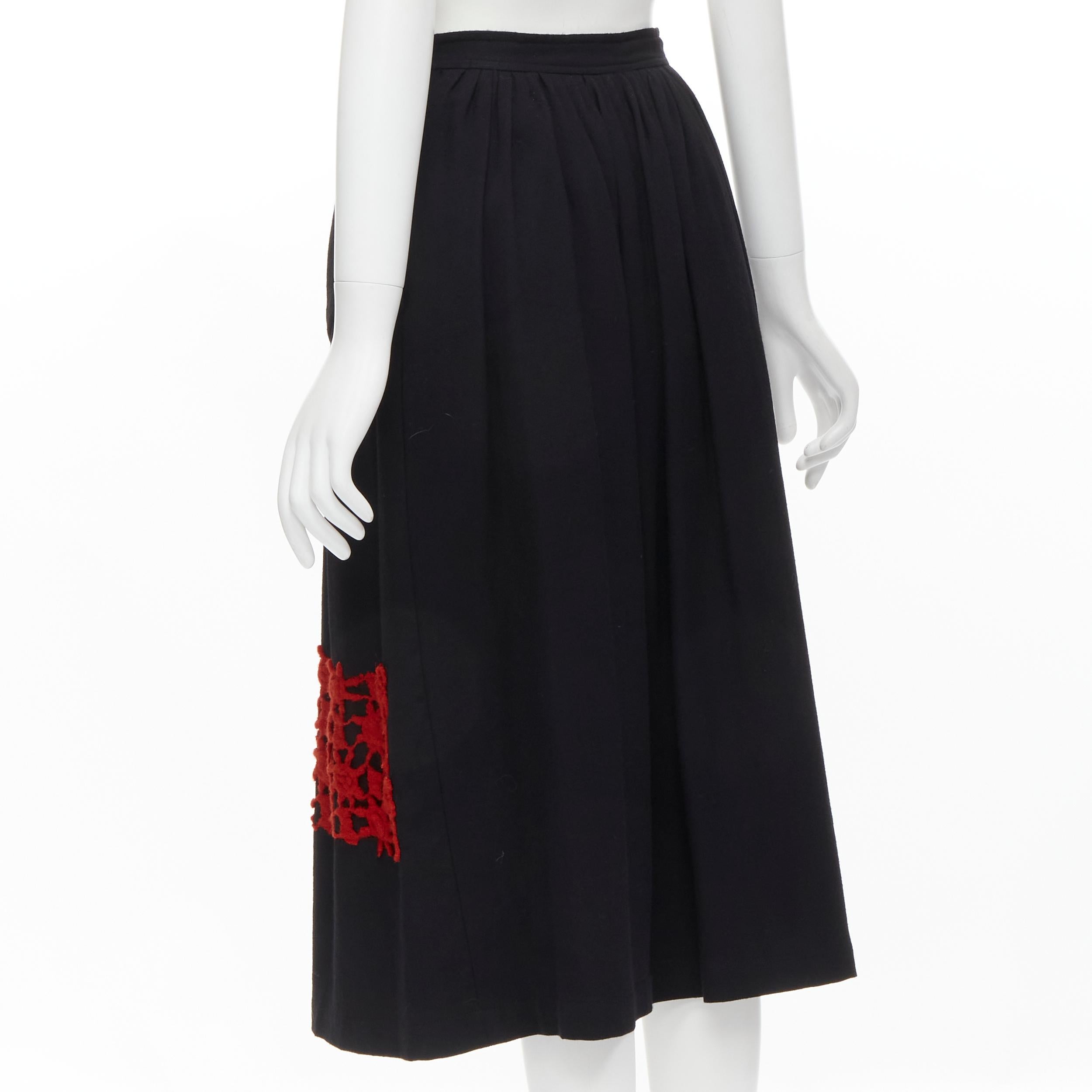 COMME DES GARCONS Vintage 1988 black wool braid red lattice embroidery skirt M For Sale 1