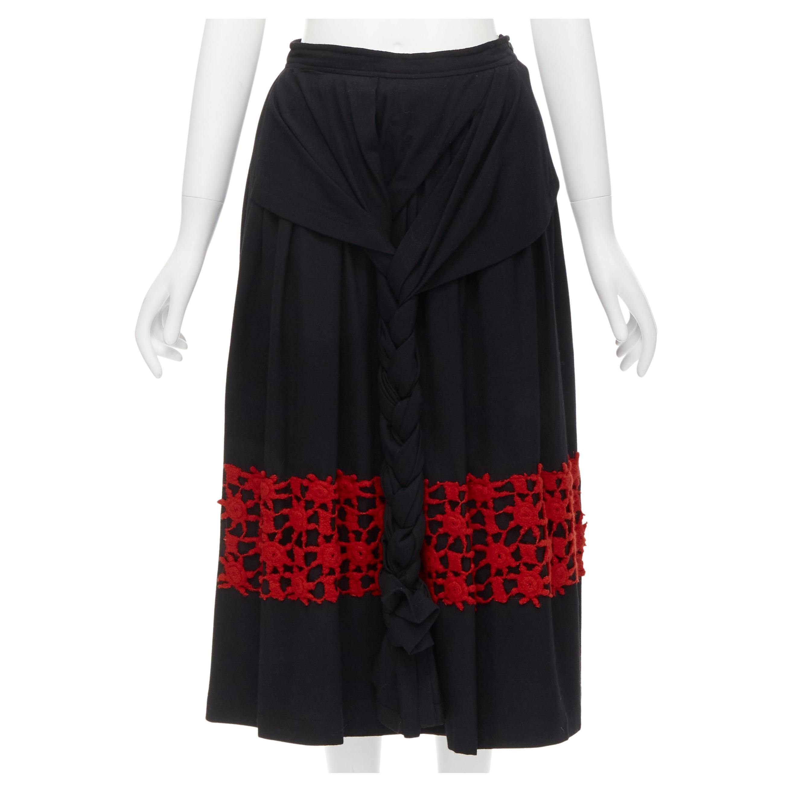 COMME DES GARCONS Vintage 1988 black wool braid red lattice embroidery skirt M For Sale