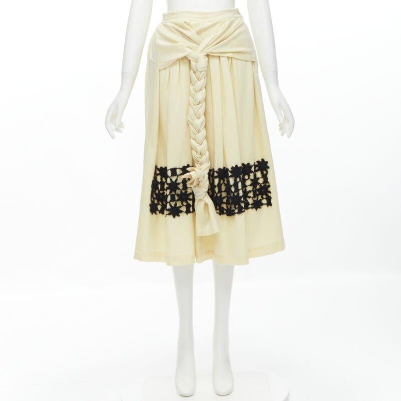 COMME DES GARCONS Vintage 1988 cream wool braid black lattice embroidery skirt M For Sale 5