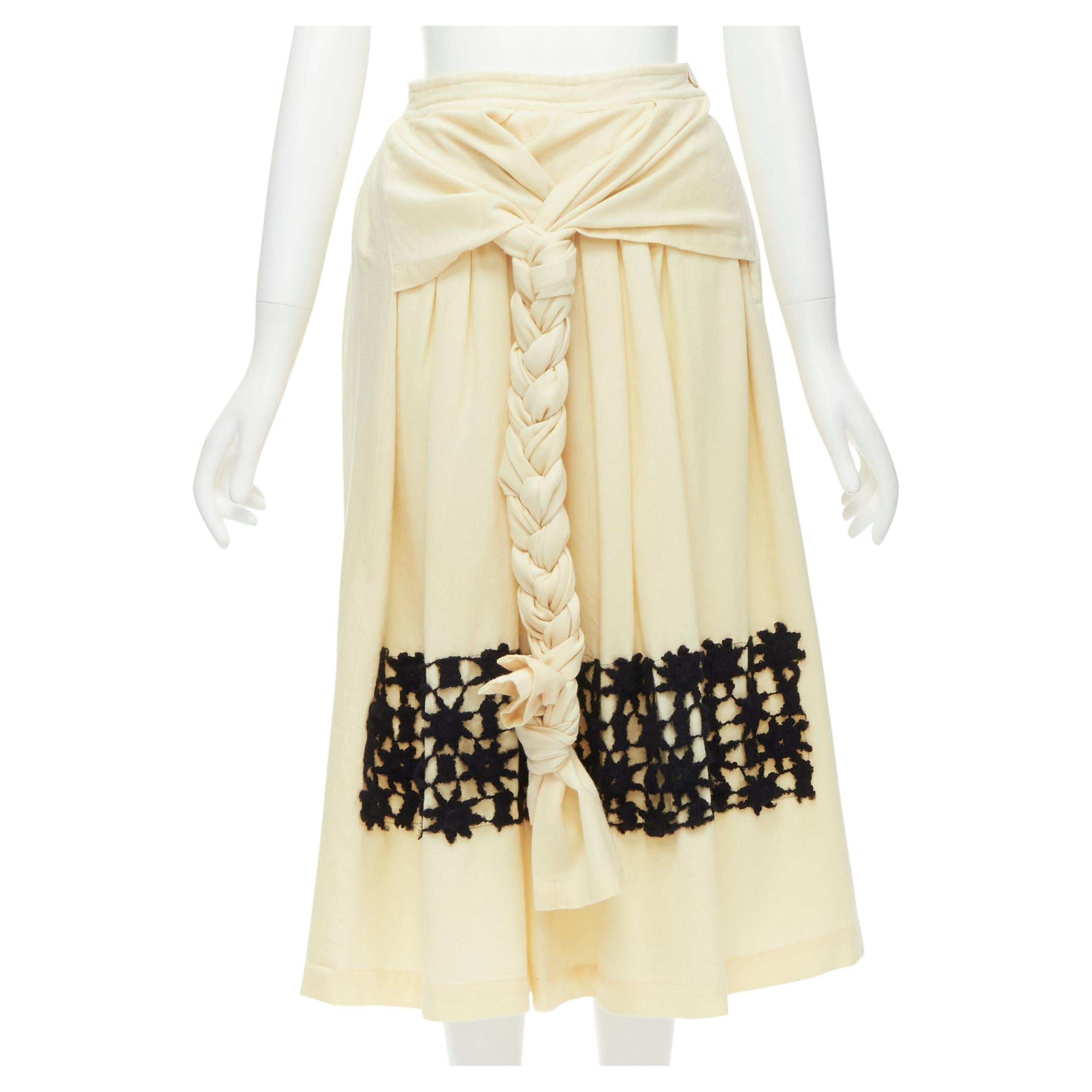 COMME DES GARCONS Vintage 1988 cream wool braid black lattice embroidery skirt M For Sale