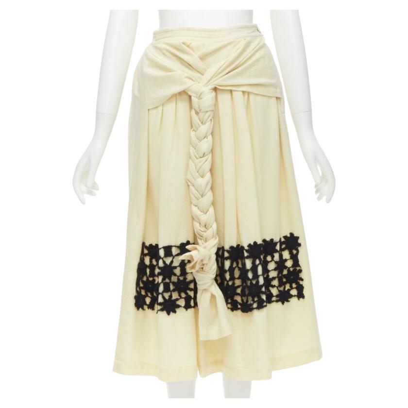 COMME DES GARCONS Vintage 1988 cream wool braid black lattice embroidery skirt M For Sale