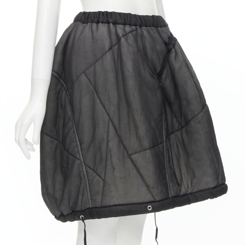 Black COMME DES GARCONS Vintage 1990 black sheer nylon drawstring padded puffy skirt M For Sale