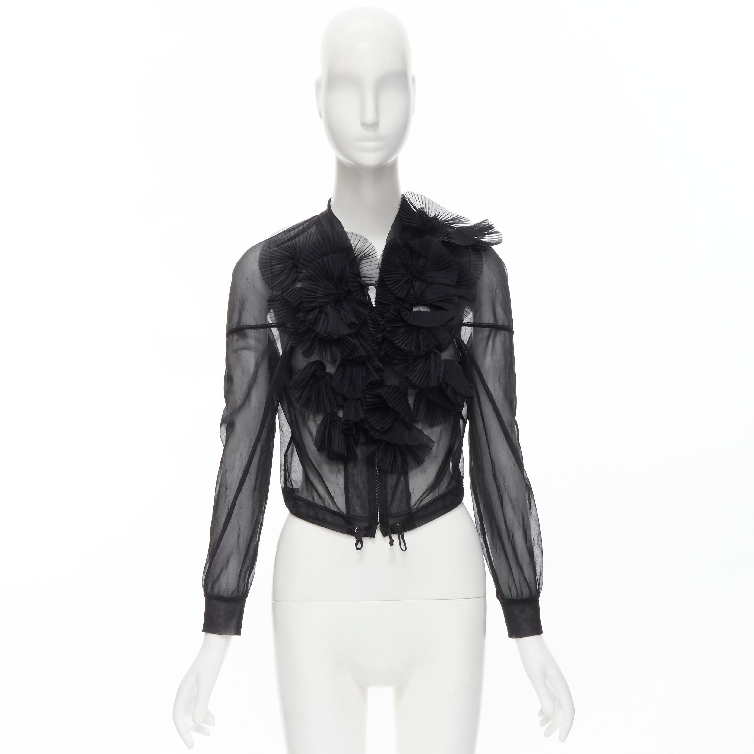 COMME DES GARCONS Vintage 1990 black sheer pleated fan ruffle bomber jacket  S For Sale 4