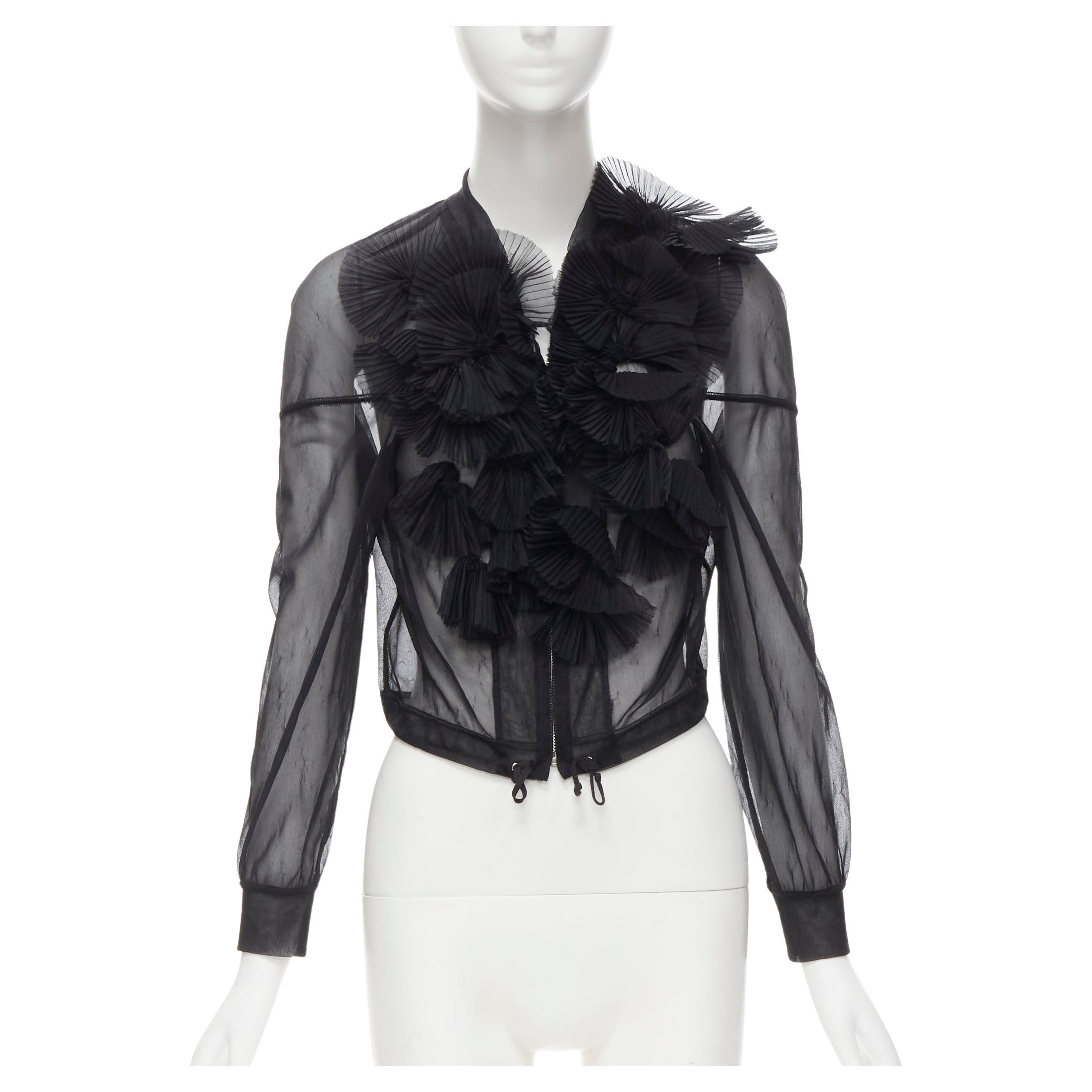 COMME DES GARCONS Vintage 1990 black sheer pleated fan ruffle bomber jacket  S For Sale