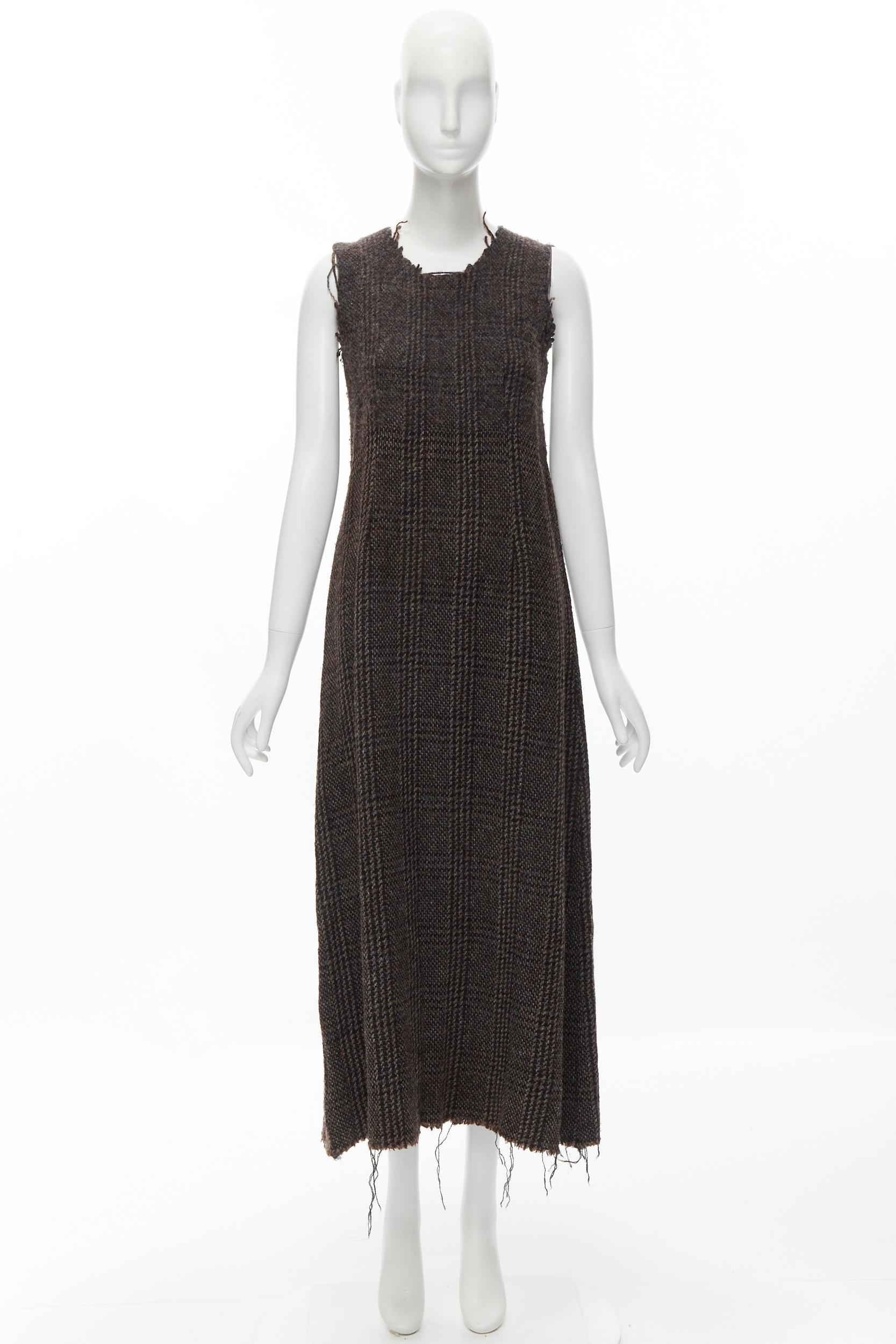 COMME DES GARCONS Vintage 1994 check boiled wool tweed raw frayed midi dress M For Sale 5