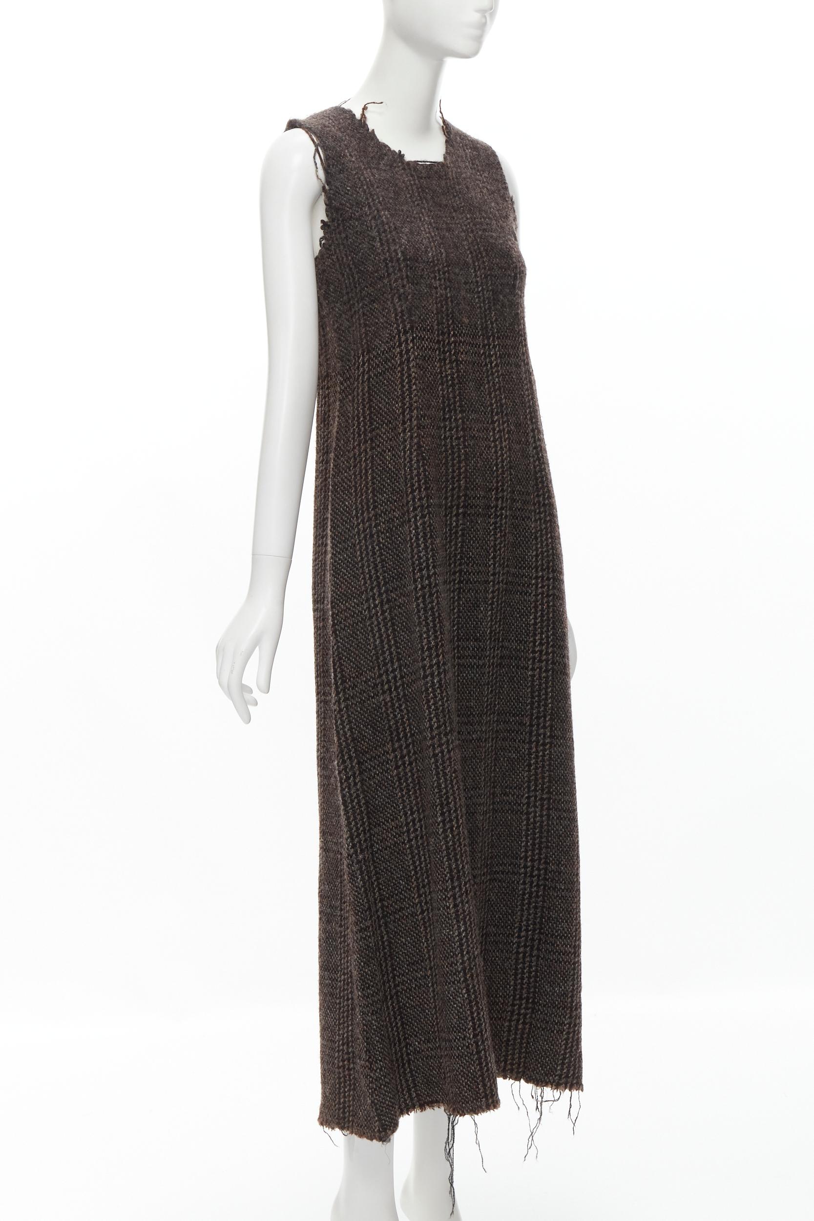 Black COMME DES GARCONS Vintage 1994 check boiled wool tweed raw frayed midi dress M For Sale